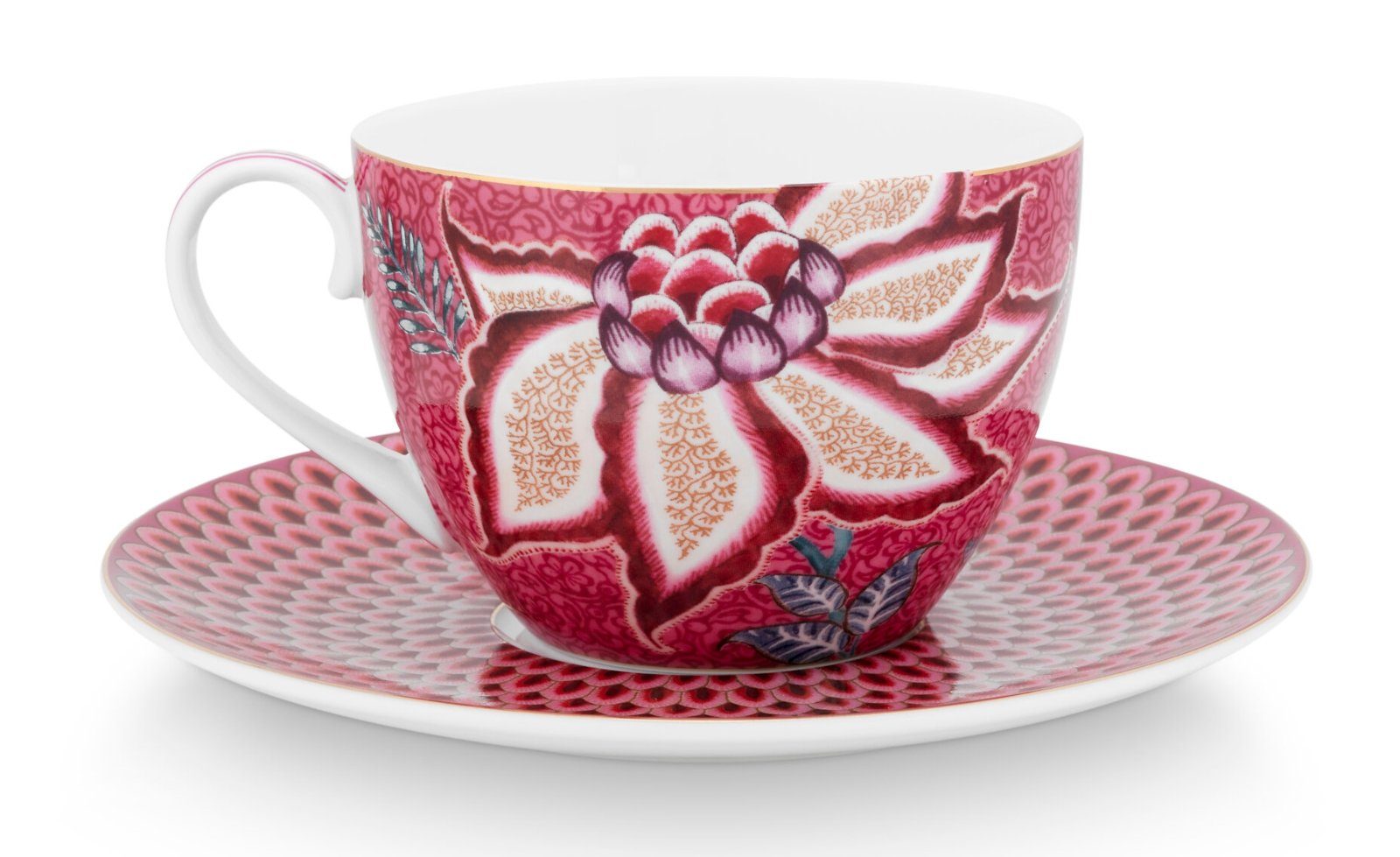 PiP Studio Tasse Flower Festival Tasse mit Untert. dark pink 280ml, Porzellan, Cup & Saucer Flower Festival Dark Pink 280ml