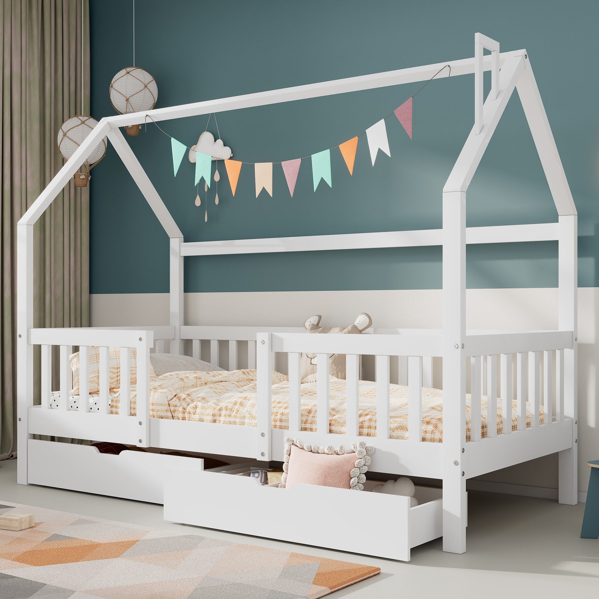 SOFTWEARY Kinderbett (Hausbett mit 2 Schubladen günstig online kaufen