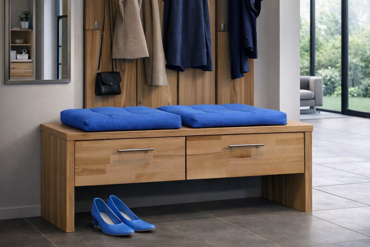 bv-vertrieb Garderobe Garderobenbank Kernbuche Flur-Bank Sitzbank mit Schublade