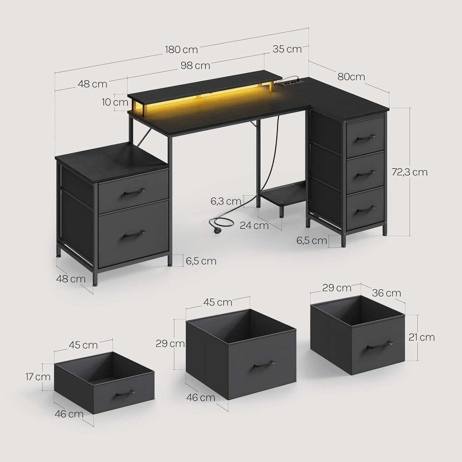 Woltu Eckschreibtisch, Schreibtisch L Form 180x80cm mit 5 Schubladen 2 Ablagen&Steckdosen LED