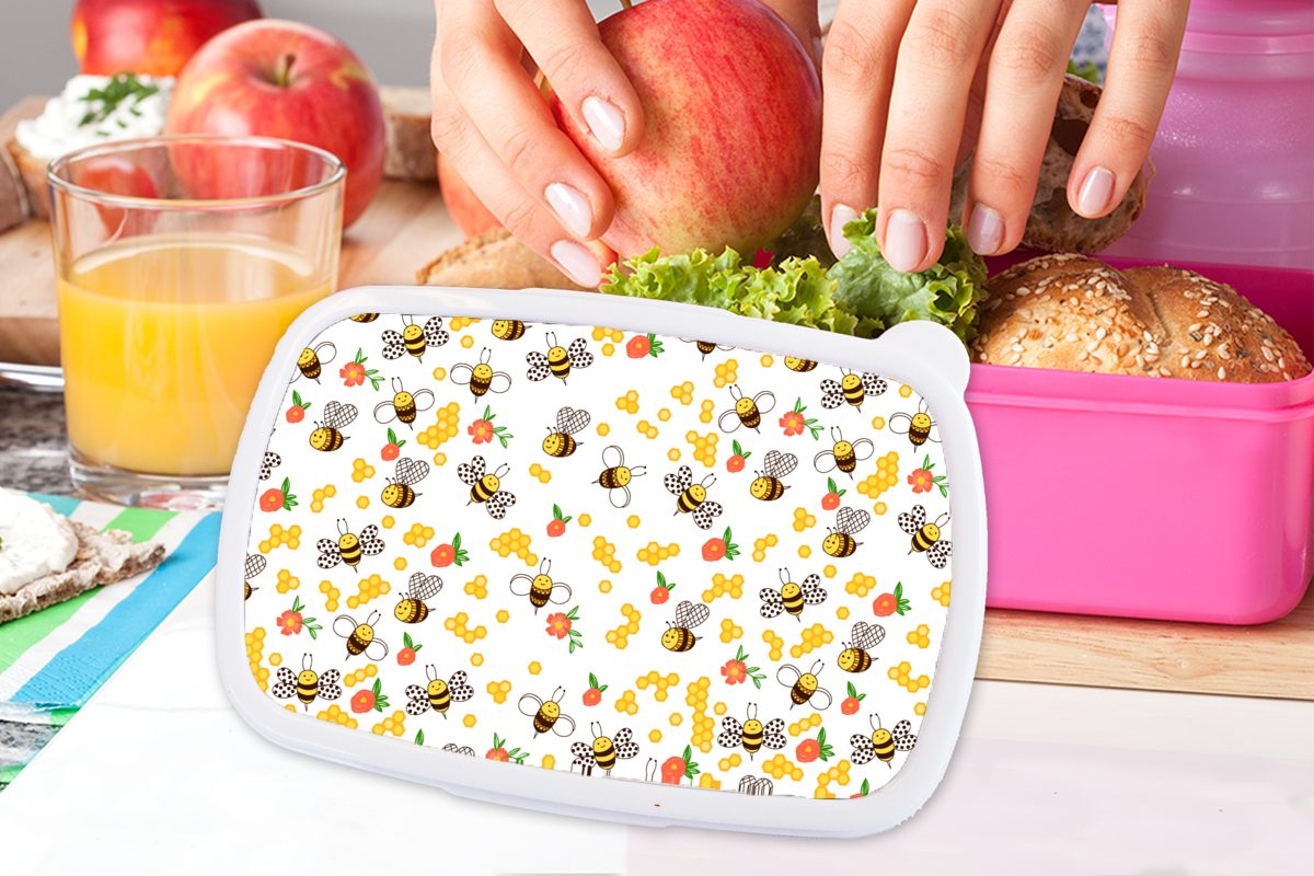 - - rosa Brotbox Kinder, für Blumen Honig Brotdose Kunststoff, - Lunchbox Erwachsene, Biene (2-tlg), Snackbox, Kunststoff Frühling, MuchoWow Mädchen,