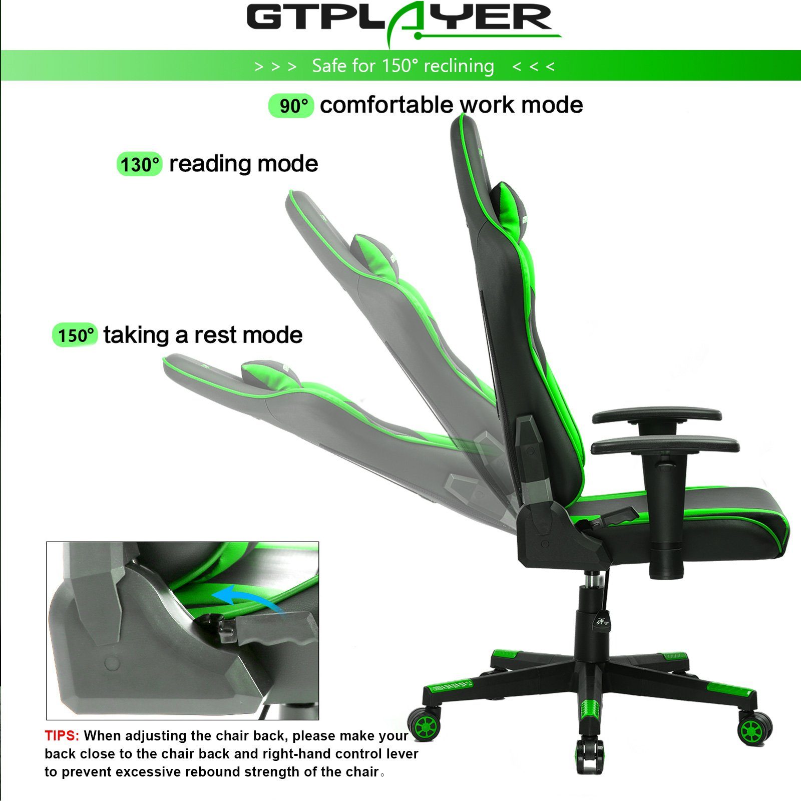 GTPLAYER Gaming-Stuhl Bürostuhl Gaming Stuhl Sessel Gaming ergonomischer 90°-165° 150 grün kg bis belastbar, Neigungswinkel Gamer Stuhl