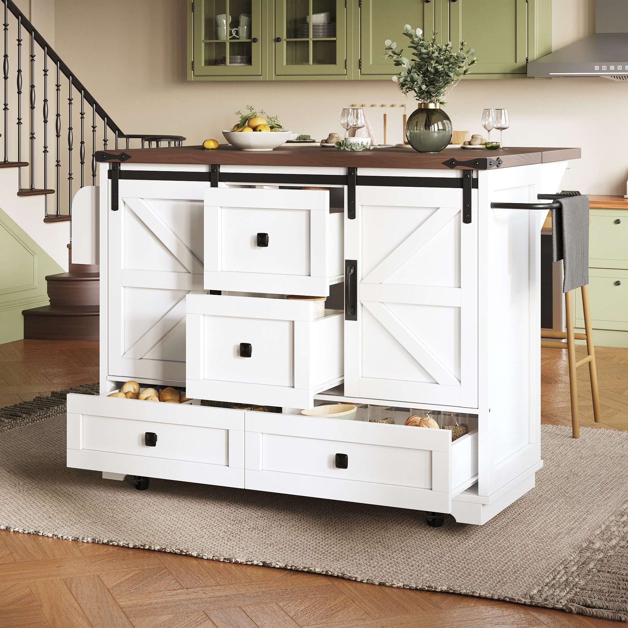 Odikalo Kücheninsel Küchenwagen Servierwagen mit Arbeitsplatte, (mit Klapptisch; Mobile Kücheninsel, Bar, Sideboard mit Stauraum; Servierwagen Rollbar mit drei Schubladen und zwei Schranktüren)