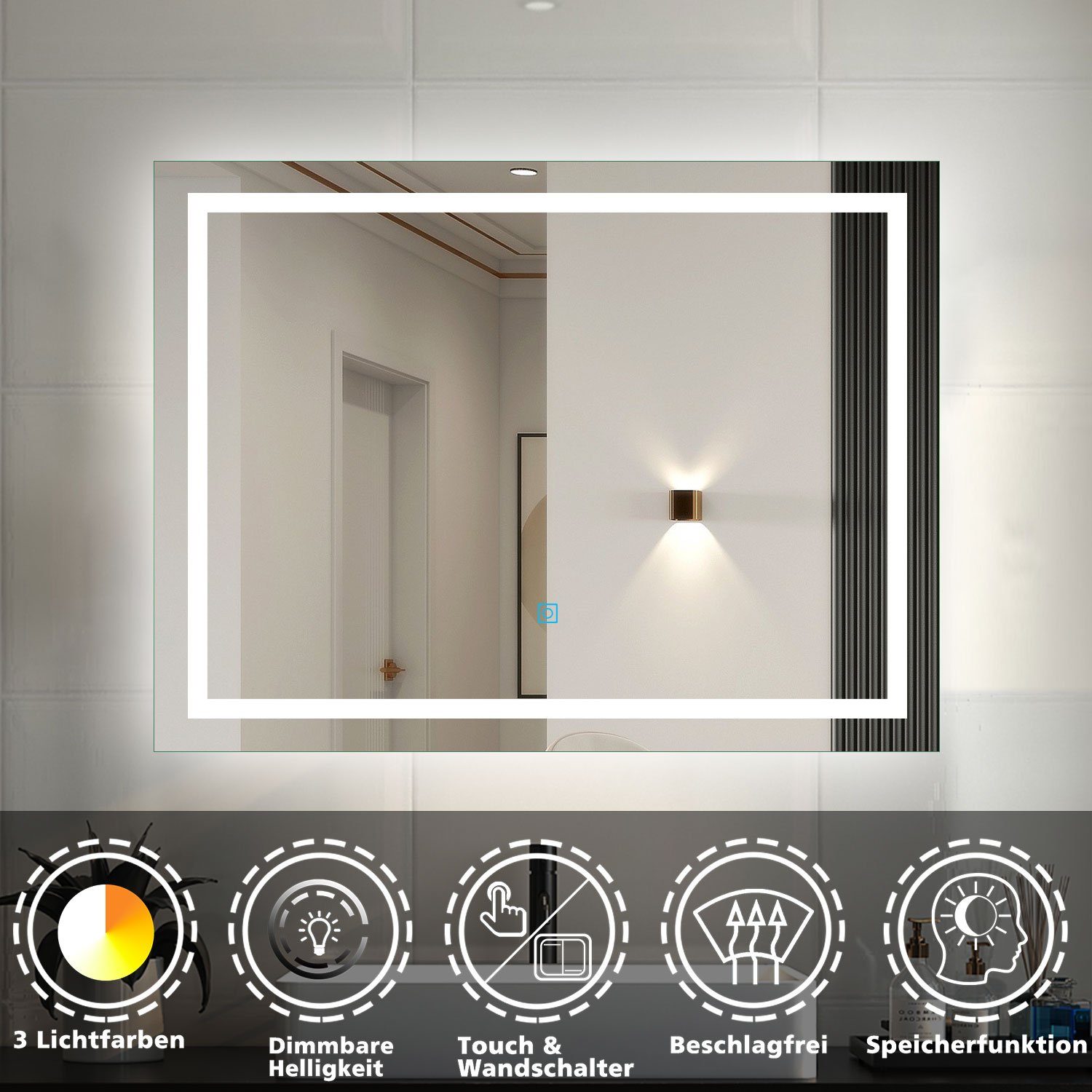 LED Badspiegel Belechtung, Lichtfarbe+dimmbar+Beschlagfrei Wand/Touchschalter+drei Wandspiegel mit cm 50-160 Wandschalter duschspa