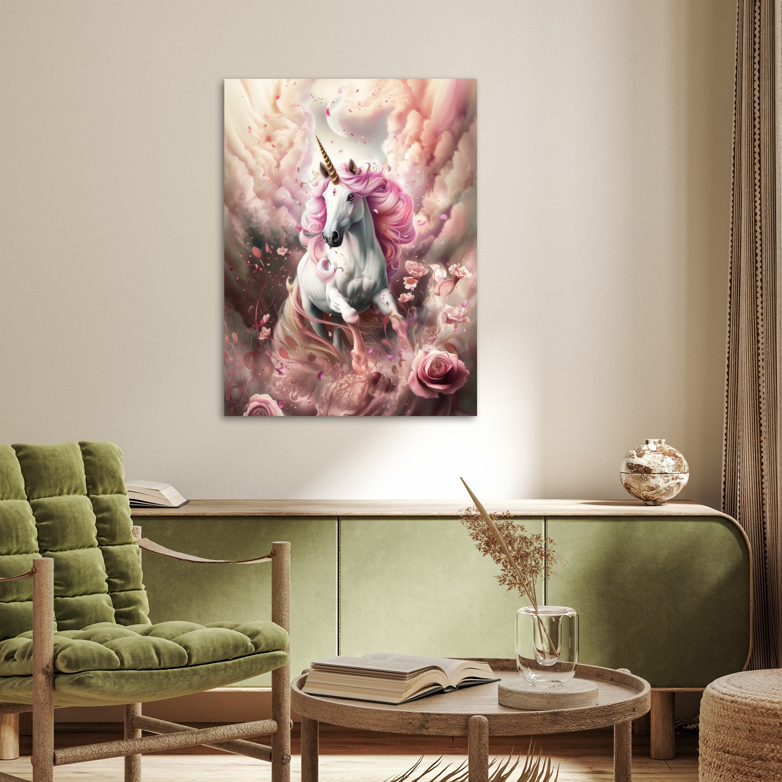 MuchoWow Poster Einhorn - Mädchen - Rosa - Blumen - Märchen, (1 St), Poster ohne Rahmen, Wandbild, Wandposter, 60x80 cm