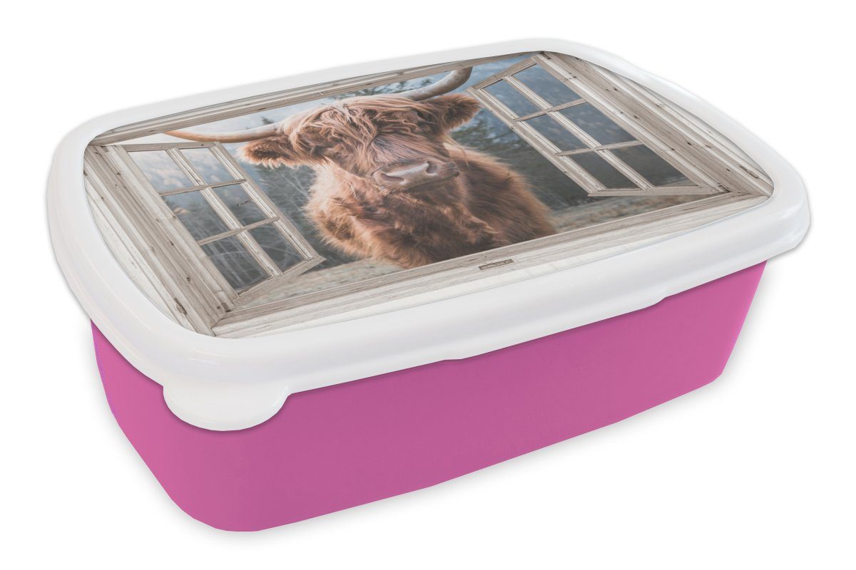 MuchoWow Lunchbox Schottischer (2-tlg), Snackbox, Kunststoff, Highlander - Berg Kunststoff Mädchen, Kinder, Erwachsene, - Brotdose Kuh Brotbox rosa für Aussicht, 