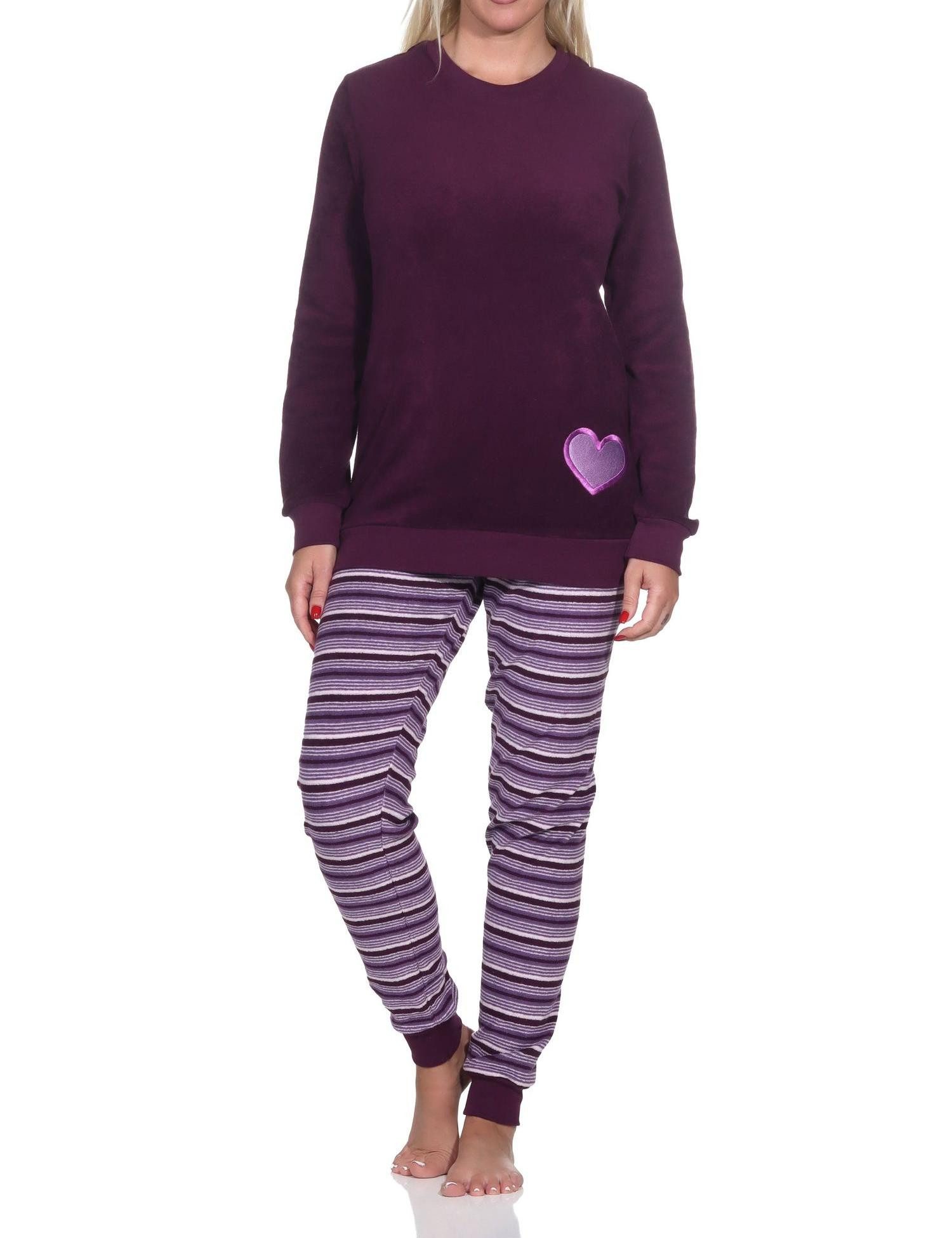 Pyjama Wunderschöner Damen Frottee Schlafanzug mit Bündchen und Herz-Motiv