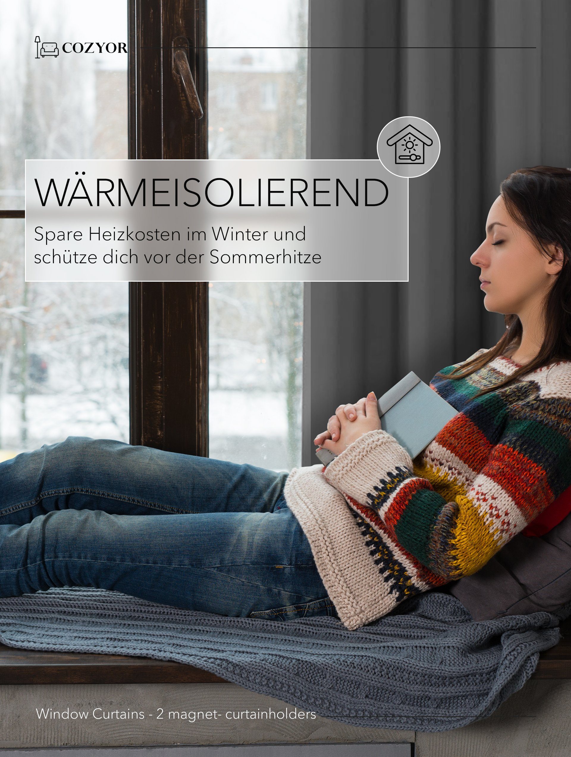 Cozyor Vorhang Set mit 2x Gardine + 2x Vorhanghalter + 1x Gardinenstange ohne Bohren (2 St), Ösen, verdunkelnd, Polyester, blickdicht anthrazit Nebula, Thermo G – Bild 4 von 5