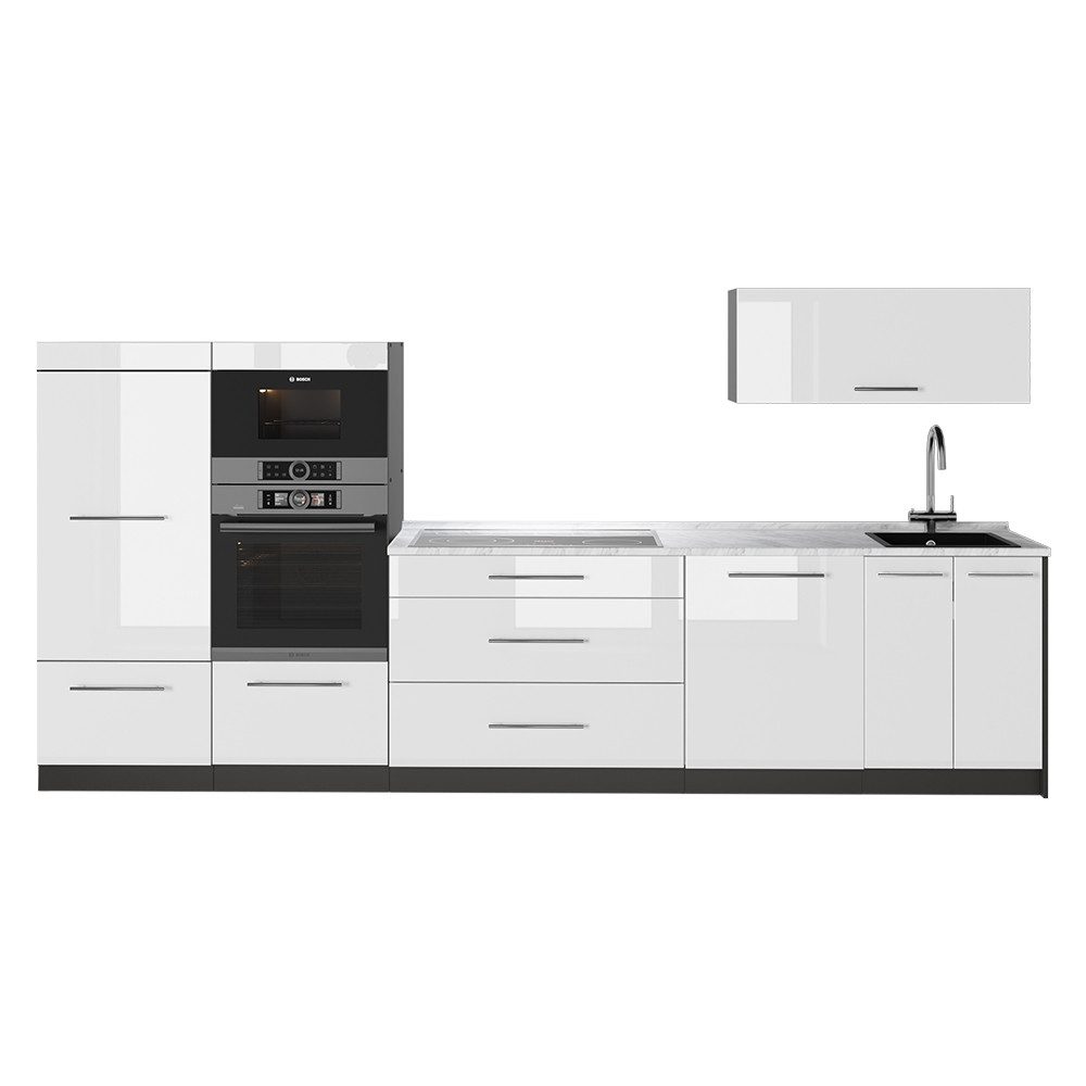 Vicco Küchenzeile Fame-Line, Weiß Hochglanz/Anthrazit, 340 cm, AP Marmor