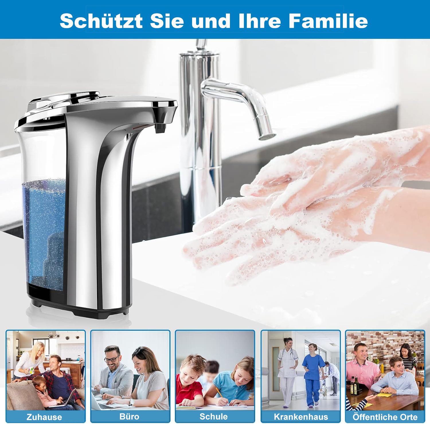 Xruiy Seifenspender Automatischer Seifenspender mit Infrarotsensor – 500 ml, (5 Stufen einstellbar, berührungslos & IPX5-wasserdicht)