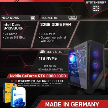 SYSTEMTREFF Gaming-PC-Komplettsystem (27", Intel Core i9 13900KF, GeForce RTX 3080, 32 GB RAM, 1000 GB SSD, Windows 11, WLAN)