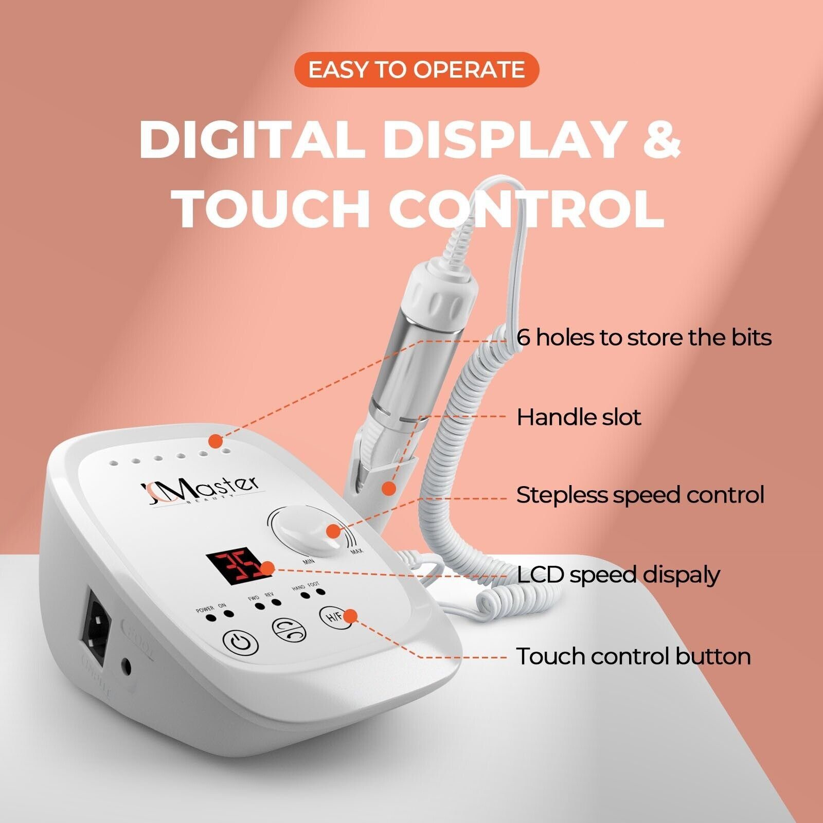 JCMaster Maniküre-Pediküre-Set Nagelfräser Profi 35.000 U/Min, inkl 6x Bits, elektrische Nagelfeile für Gelnägel Acrylnägel, mit Fußpedal