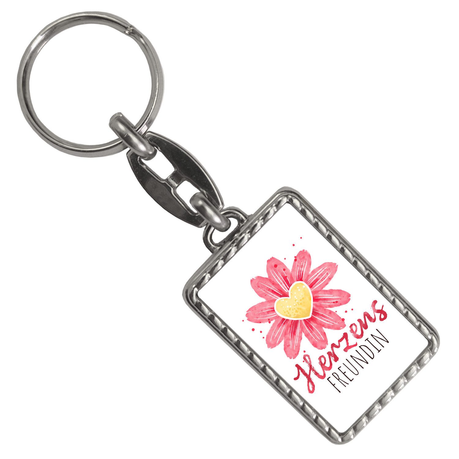 Schlüsselanhänger Blume Schlüsselanhänger mit Bordüre mit Spruch Herzensfreundin