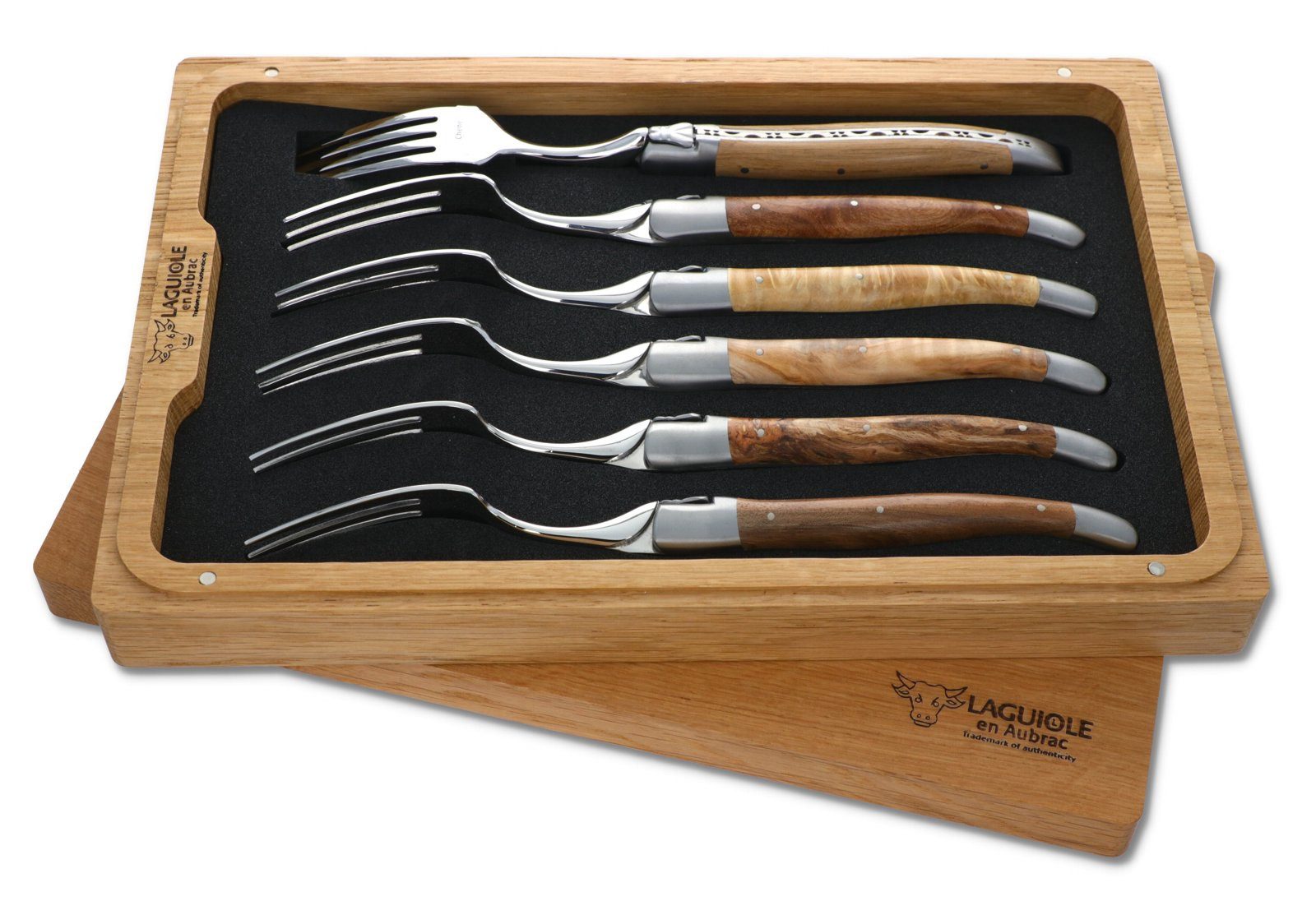 Laguiole en Aubrac Steakbesteck 62F99EWIF, 6 Gabeln - Europäische Hölzer - Backen matt - Gabelteil Stahl glänzend