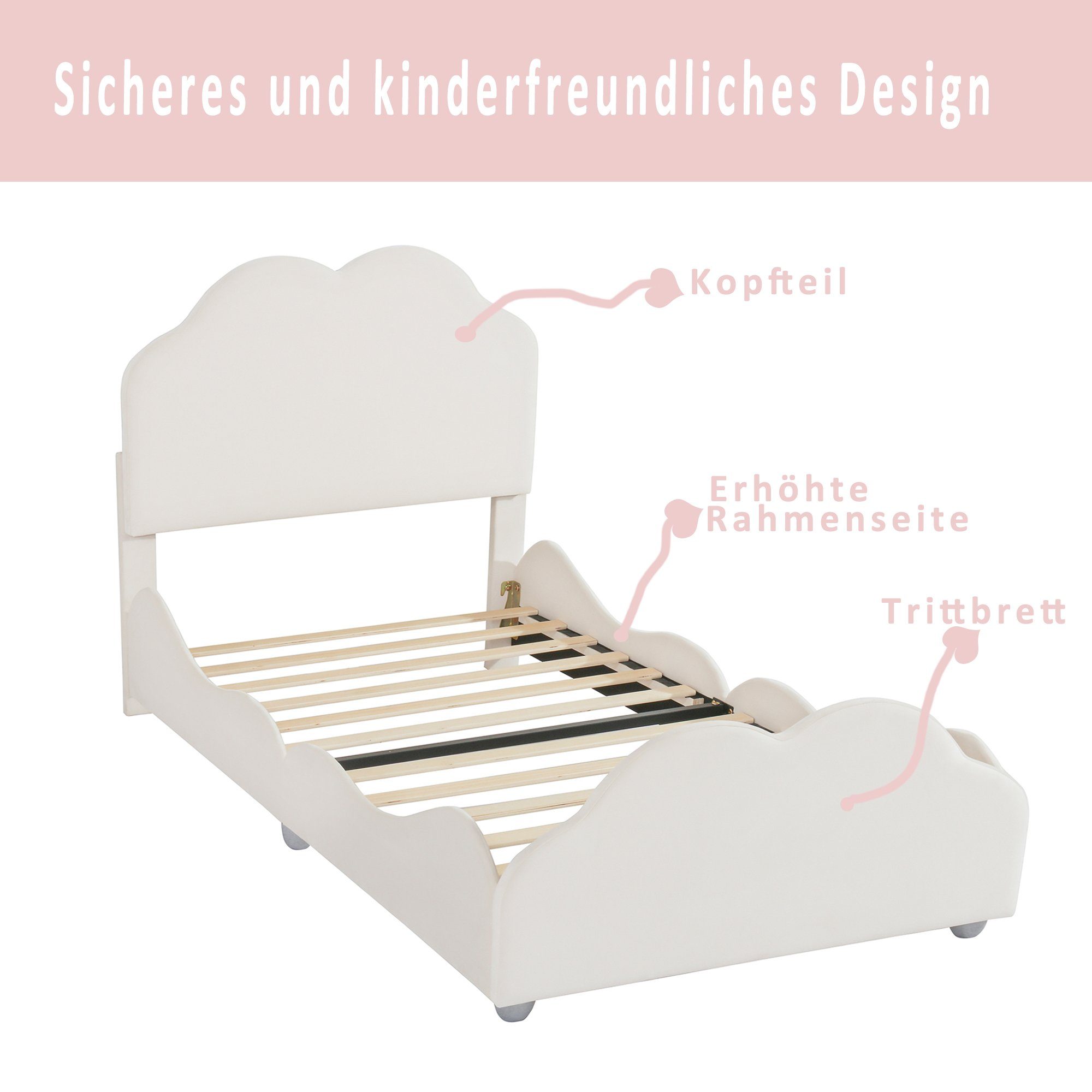 Flieks süße beige Wolkenform Einzelbett Kinderbett, Samt 90x200cm Polsterbett