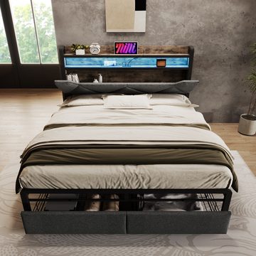 PFCTART Bett 160 x 200cm Polsterbett Stauraum-Kopfteil und LED-Beleuchtung (Polsterbett mit einer Qualitätsmatratze und USB Typ C Ladefunktion), Doppelbett mit verdecktem Nachttisch und Schubladen
