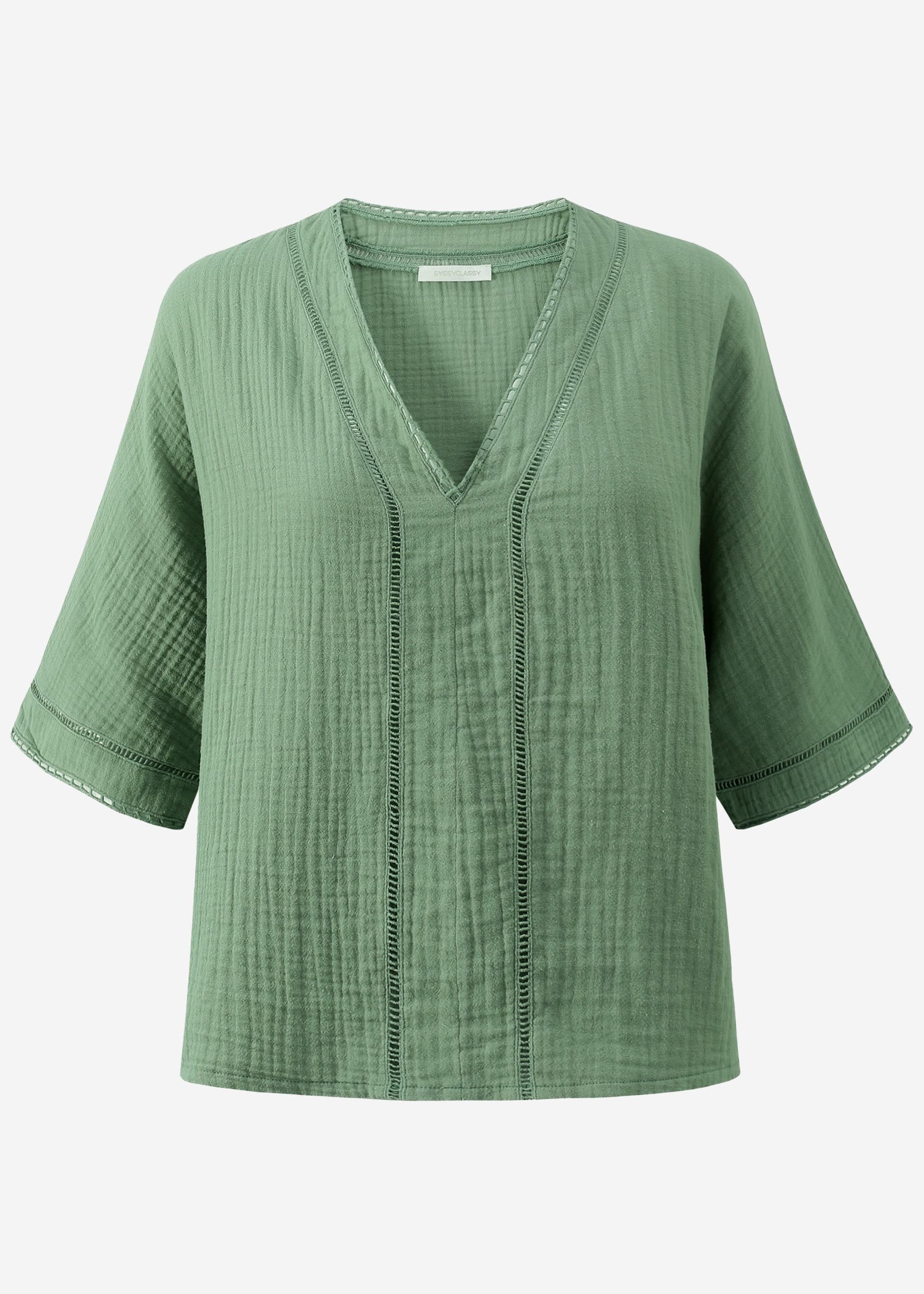 SASSYCLASSY Langarmbluse Musselinbluse mit Spitzeneinsatz für Damen Luftiges Shirt aus Baumwolle mit V-Ausschnitt Weiß Beige Flieder Grün