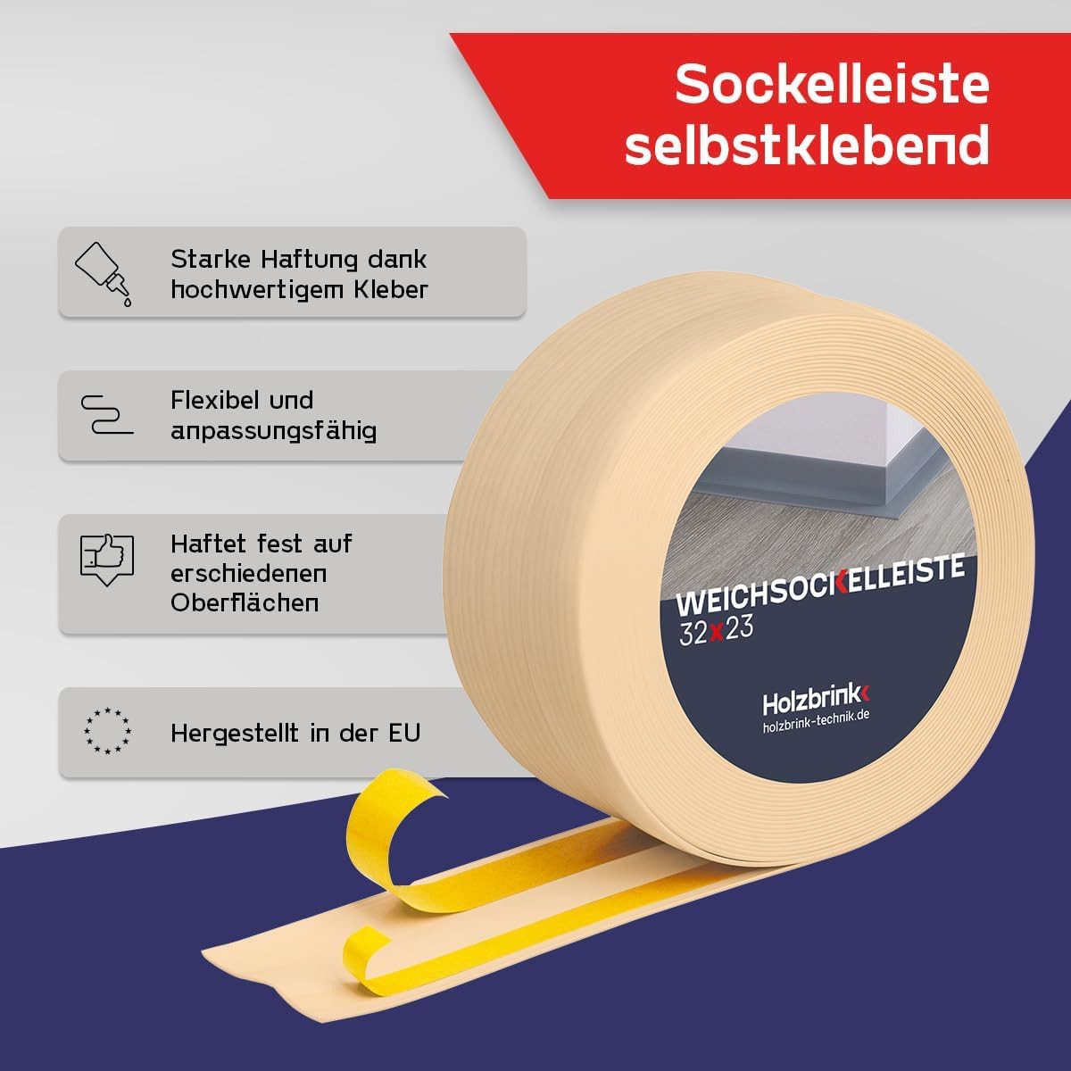 HOLZBRINK Sockelleiste HOLZBRINK selbstklebend PVC 32x23mm, 1 m, L: 100 cm, 1m Rolle, Küchenleiste Abschlussleiste für Badezimmer Farbe: Kiefer – Bild 3 von 5