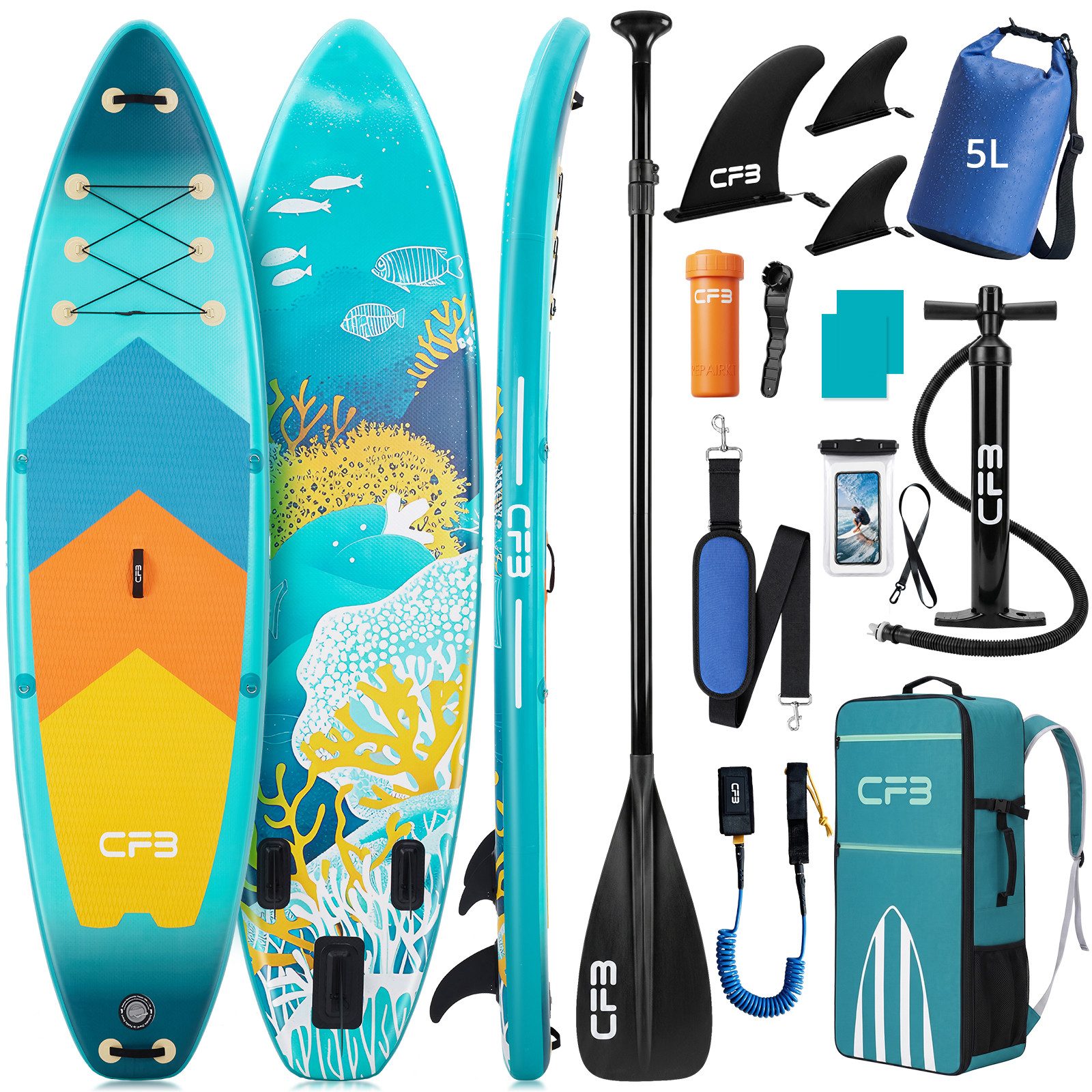 CFB SUP-Board Set 320/335 cm, extra breit, Komplettset, aufblasbares Stand Up Paddle Board, (mit Paddel, Pumpe, Rucksack, 5L Dry Bag und Schultergurt)