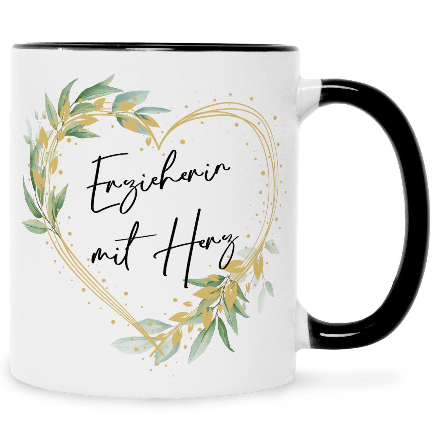 GRAVURZEILE Tasse Bedruckte Tasse Erzieher/in für Abschied - Schwarz mit - zum Herzliche Herz, Geschenke Weiß mit Kindergarten Spruch Erzieher/in