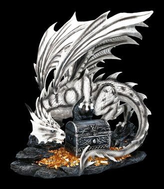 Figuren Shop GmbH Fantasy-Figur Große weiße Drachen Figur bewacht Schatztruhe - Fantasy Deko