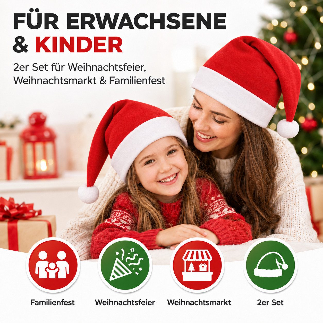 Weihnachtswunder® Bommelmütze 2er Samt Weihnachtsmütze Nikolausmütze rot - Weihnachten (2er Set, 2 Stück) weicher Samt