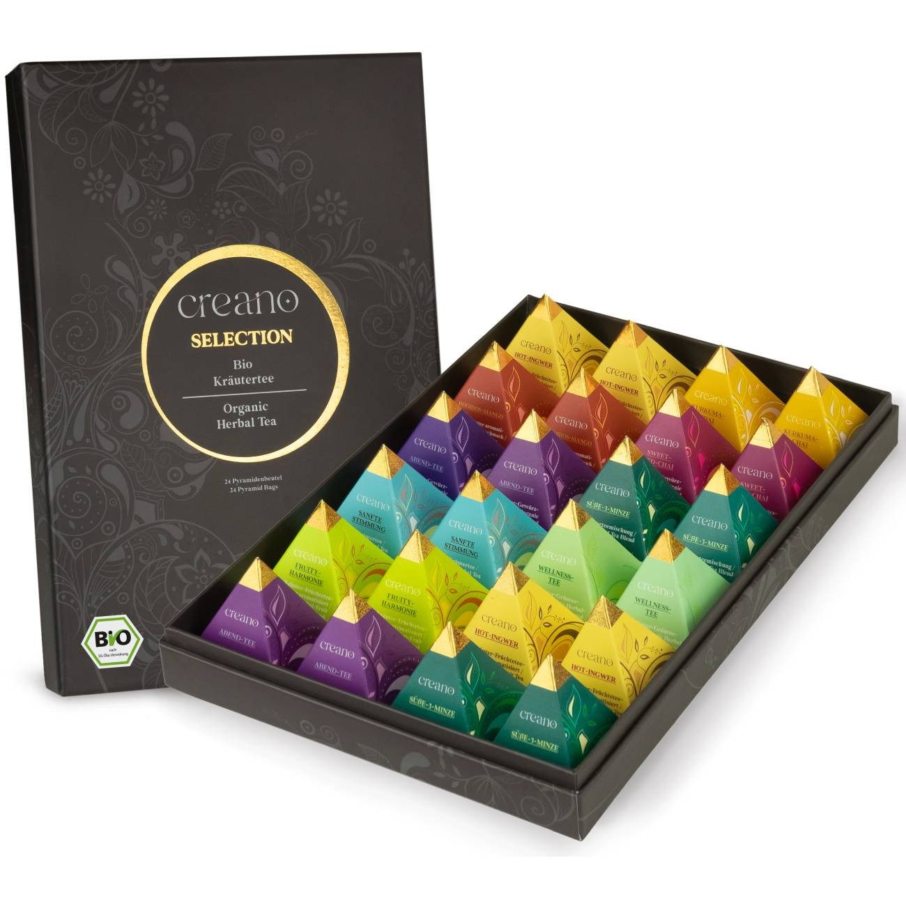 Creano Tee Bio Kräutertee 24er Pyramiden Geschenkset „ORGANIC HERBAL TEA“ 60g*, 1 x 24 St. (24 Bio-Pyramiden-Teebeutel)
