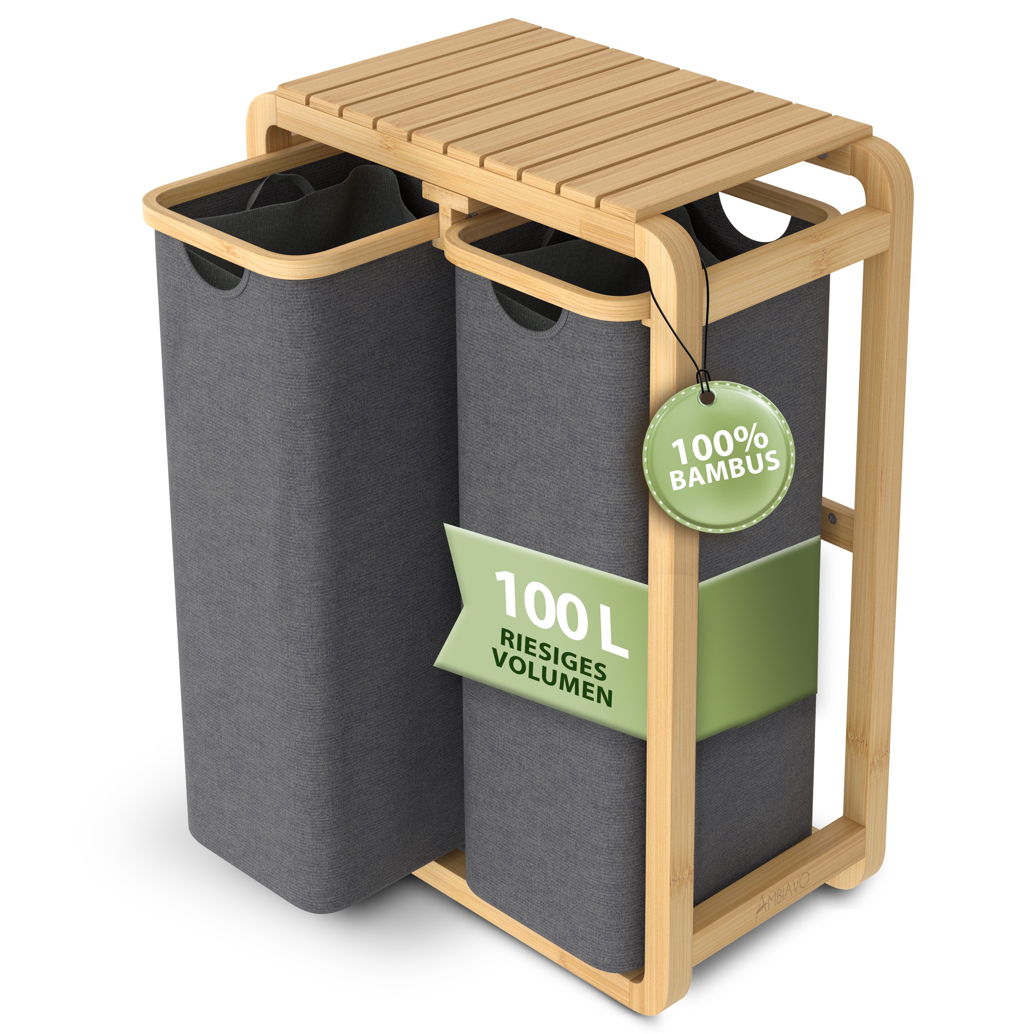 AMBIAVO Wäschekorb 2 Fächer mit waschbaren Baumwollsäcken, 100 L Volumen, stabiler 3x3 cm Bambusrahmen, innovatives Design