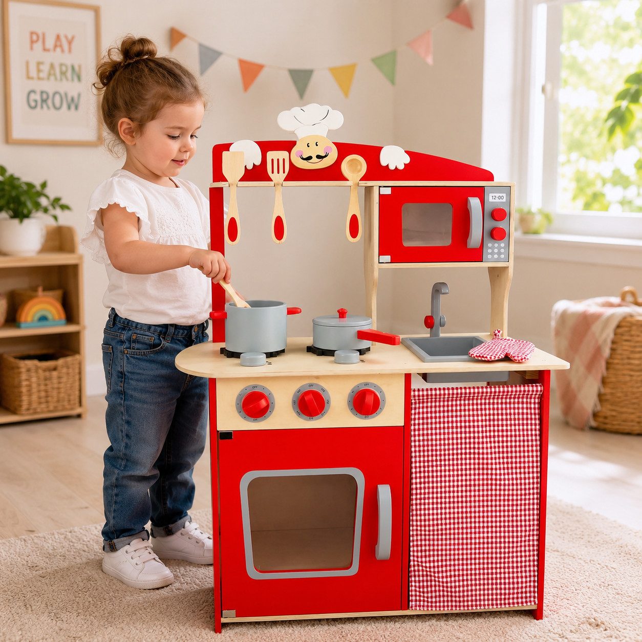Best for Kids Spielküche Kinderküche chili Rot–MDF Holz Spielküche mit Zubehör fur ab 3 Jahren Holz, Realistisches Küchendesign, umfangreiches Zubehör
