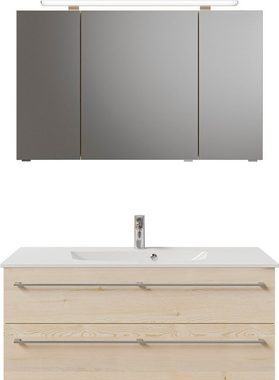 Saphir Badmöbel-Set Serie 6025 2-teilig Mineralmarmor-Waschtisch mit LED-Spiegelschrank, (2-St), Waschplatz 117cm breit, 2 Schubladen, 3 Spiegel-Türen, inkl Türdämpfer