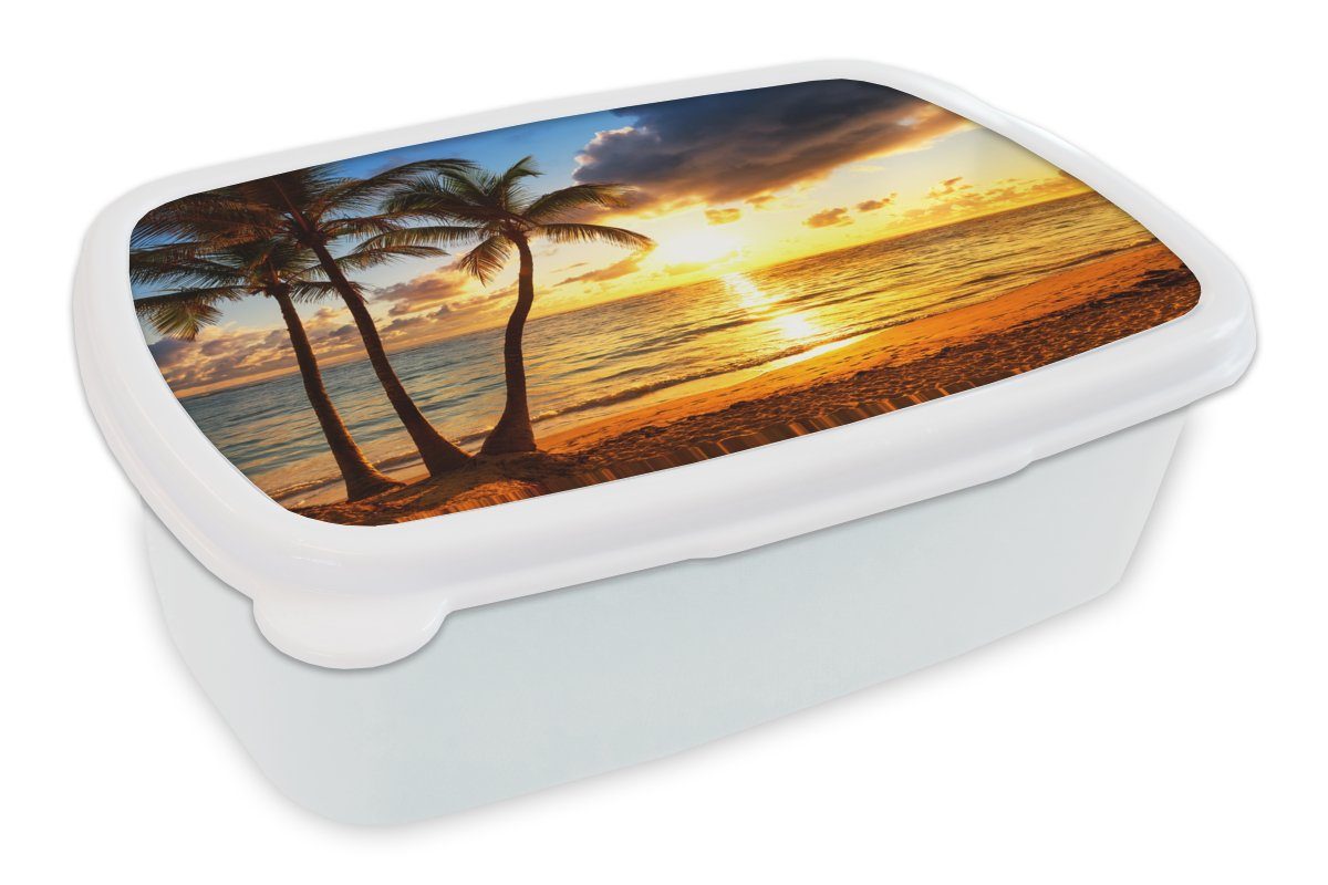 MuchoWow Lunchbox Strand - Horizont - Sonnenuntergang - Palme - Meer, Kunststoff, (2-tlg), Brotbox für Kinder und Erwachsene, Brotdose, für Jungs und Mädchen weiß