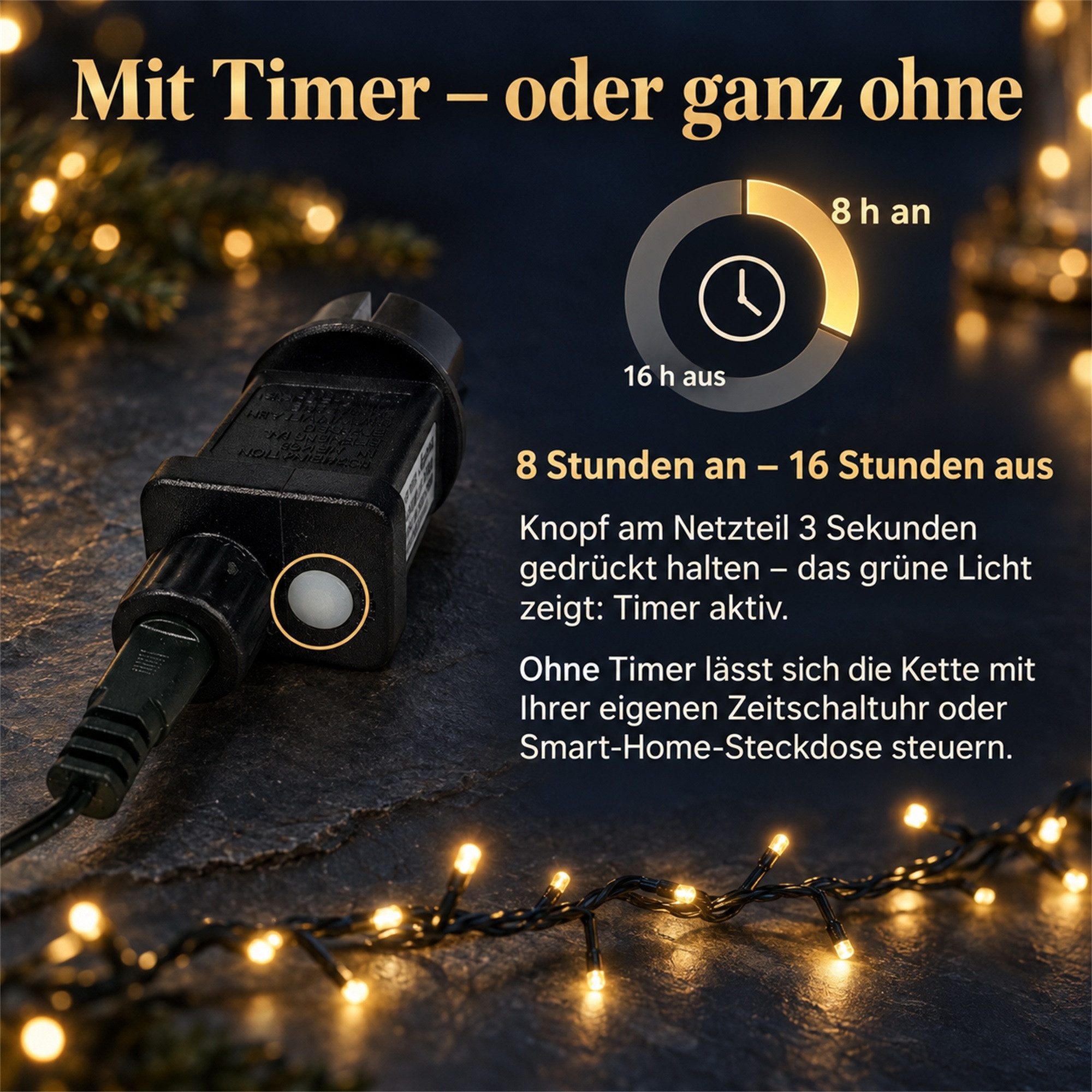 INtrenDU LED-Lichterkette Lichterkette warmeiß 800LED 16m, mit itegriertem Timer, Beleuchtungsprogrammen und Memoryfunktion – Bild 5 von 5