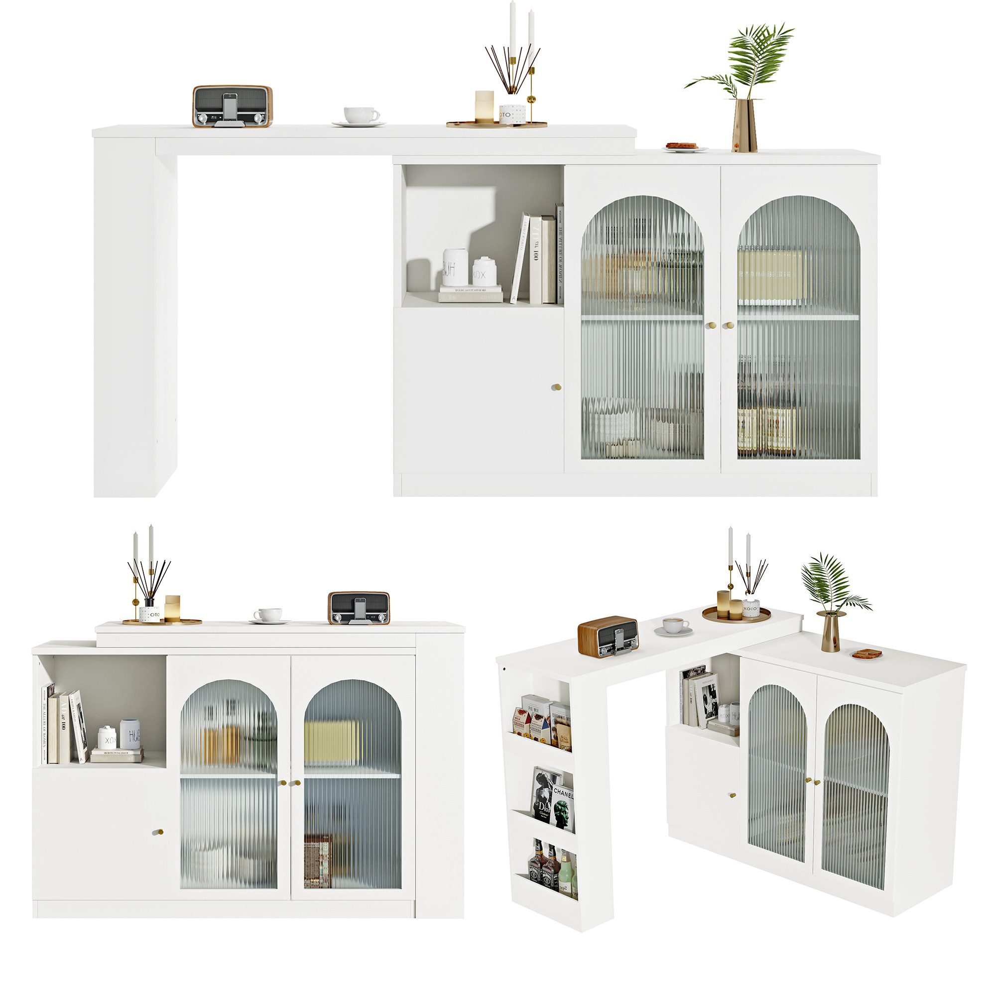 HAUSS SPOLE Bartisch 360° drehbarer Bartisch mit Changhong-Glastür für Küche weiß (rotierender Ess-Barschrank, multifunktionaler Aufbewahrungsschrank, 3 Türen), mit Glastür, für Küche und Esszimmer