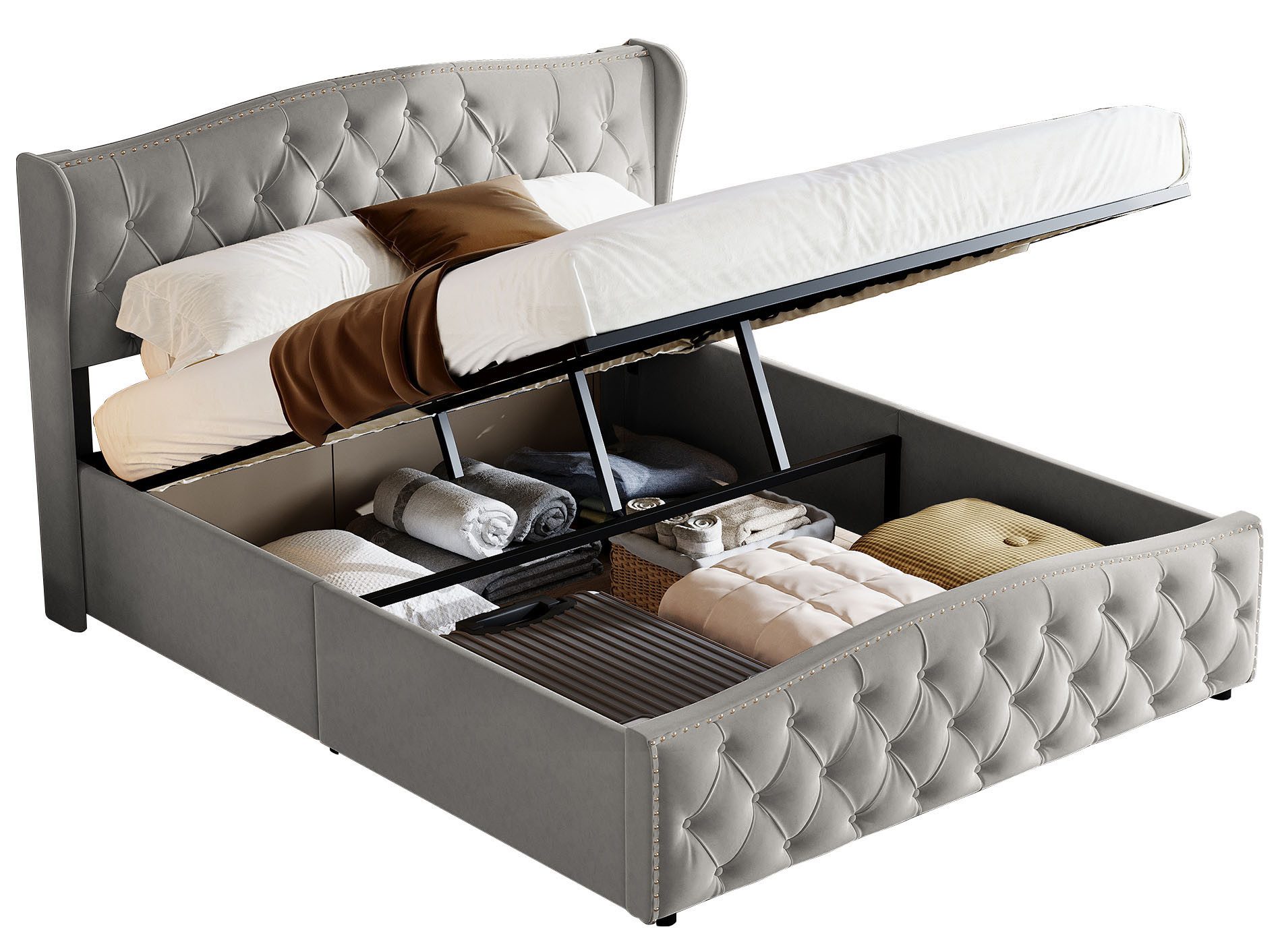 Polsterbett 140/160x200cm Beige/Grau Samt Wicker Wellenbett