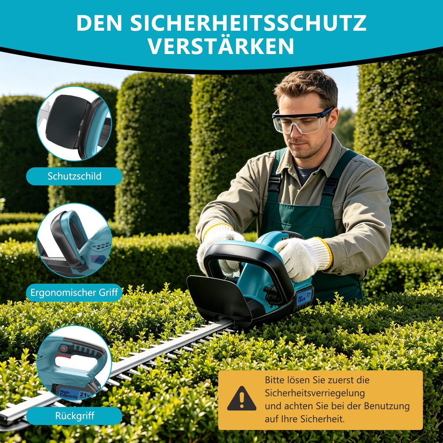 AeroAxis Akku-Heckenschere Elektrische Heckenschere mit 3000mAh Akku und Ladegerät, (Set), Dual Schnittklingen, Heckenschere Akku für Hecken und Sträucher