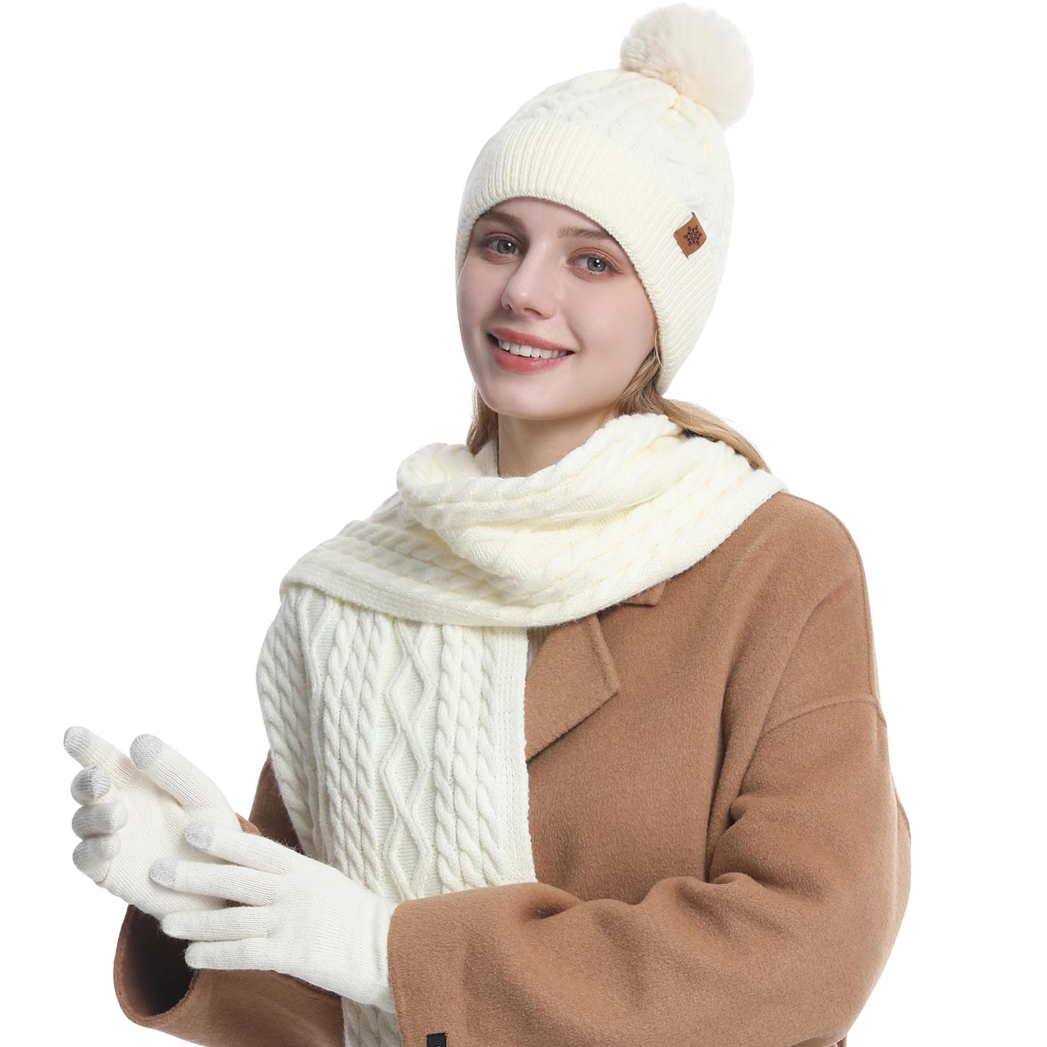 Coonoor Mütze & Schal 3 in 1 Winter Mütze Schal Handschuh Set Für Herren Damen Weiche Warme Gestrickt Strickmütze mit Bommel, Schal & Handschuh-Sets