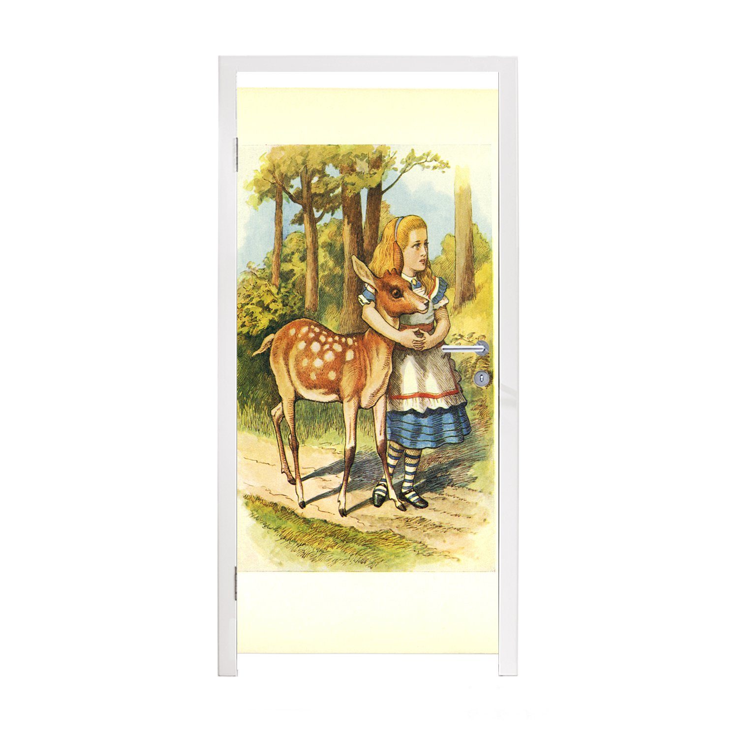 MuchoWow Türtapete Vintage-Illustration Alice 75x205 mit Tür, (1 Türaufkleber, Fototapete bedruckt, Hirschen, für Matt, St), den cm