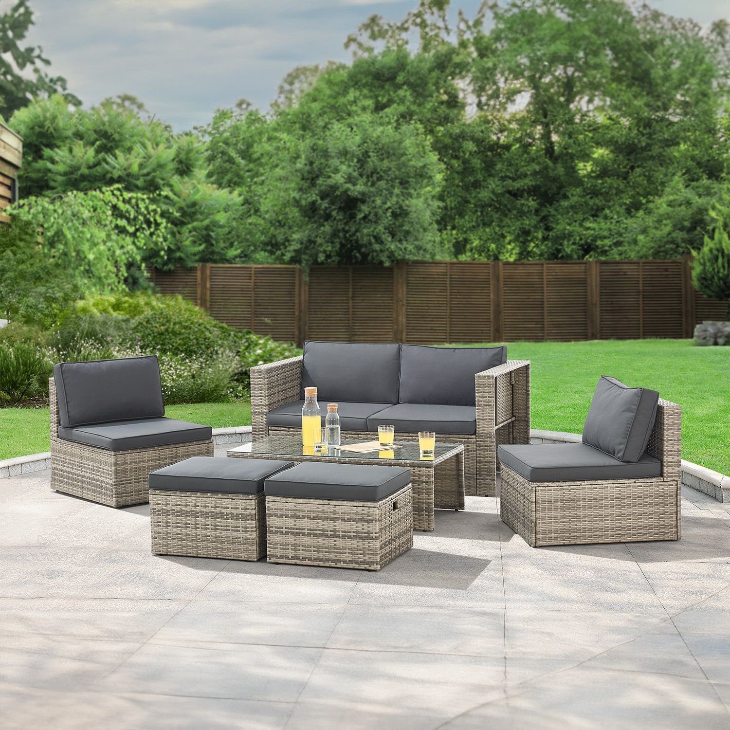 Juskys Gartenlounge-Set Salou, (6-tlg), für 6 Personen, Polyrattan, Glasplatte, wetterfest, mit Kissen