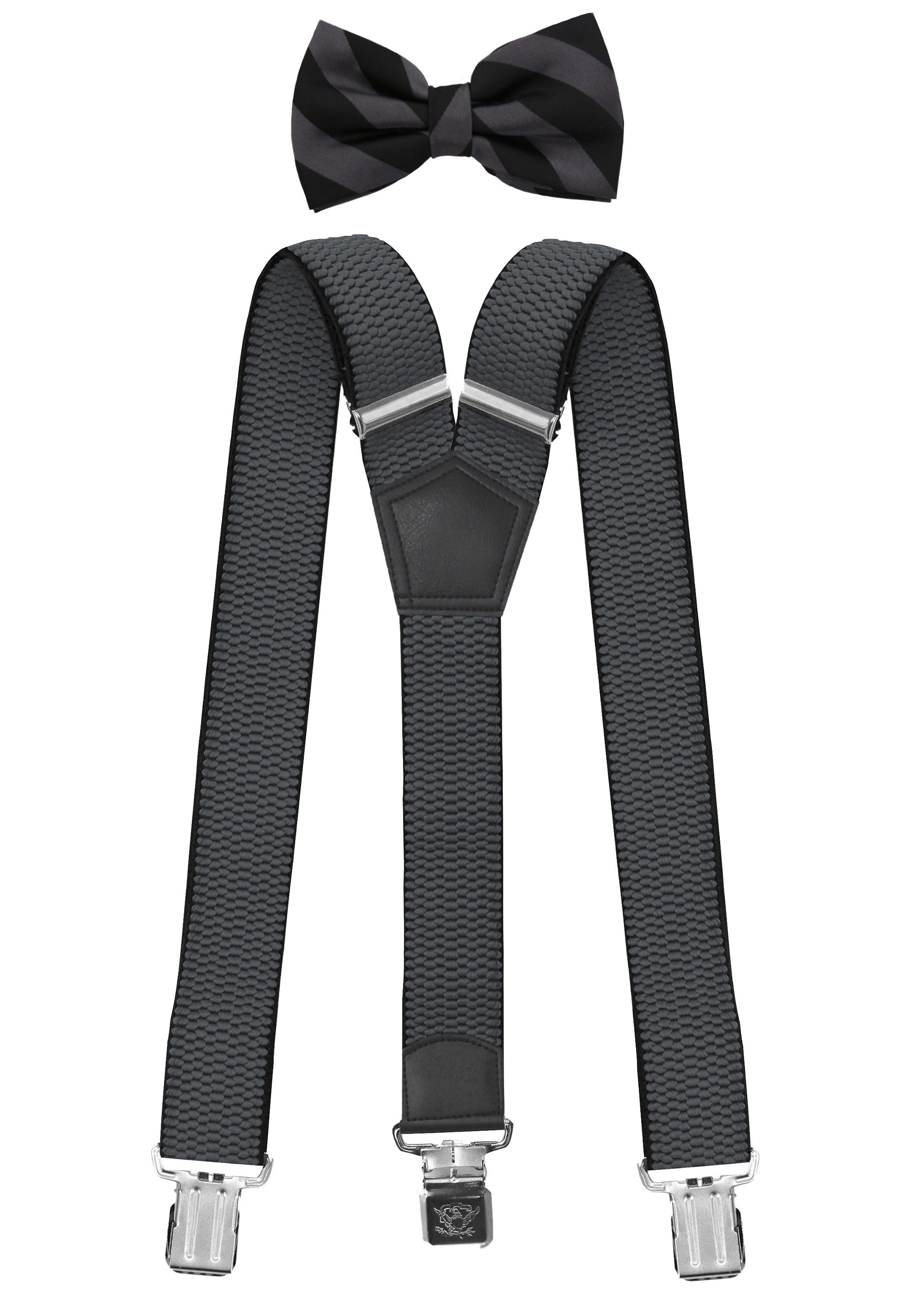 Fabio Farini Hosenträger mit passender Fliege als Set 4cm Y-Form für Herren Pack Grau 4cm Hosenträger - Grau/Schwarz Gestreifter Fliege