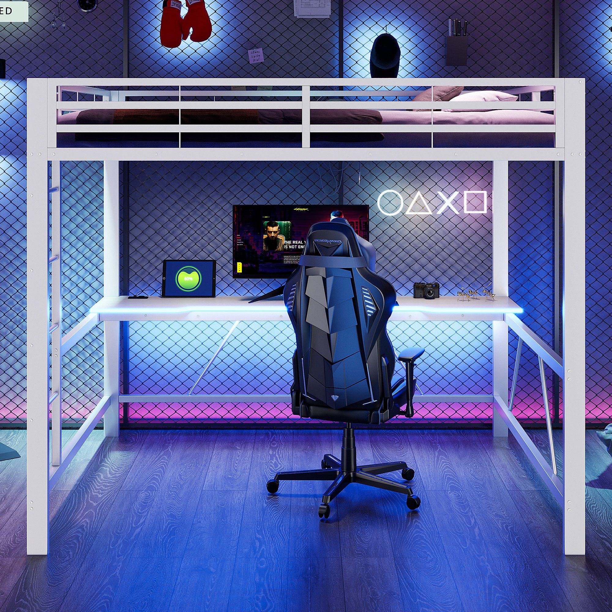 Merax Hochbett mit LED-Beleuchtung & USB-Ladestation (Jugendbett Einzelbett Mehrzweckbett, 1-St) Metallbett Kinderbett 160x200cm mit Schreibtisch Leiter & Schutzgitter