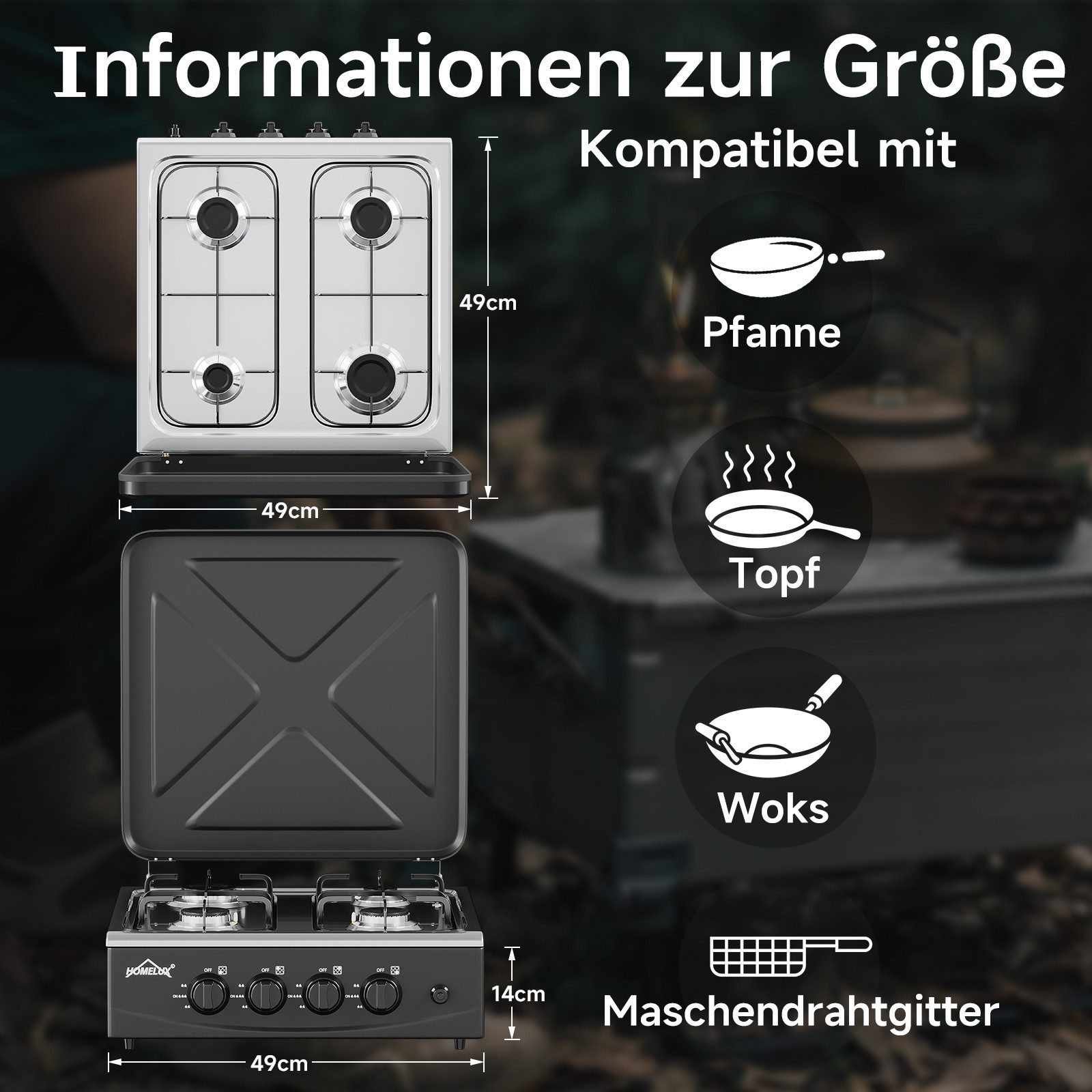 HOMELUX Gaskocher Campingkocher, 3/4/5 Flammig Gasherd Kochfeld, Campingkocher mit 1,5M Anschlussschlauch und Druckminderer 50 mbar