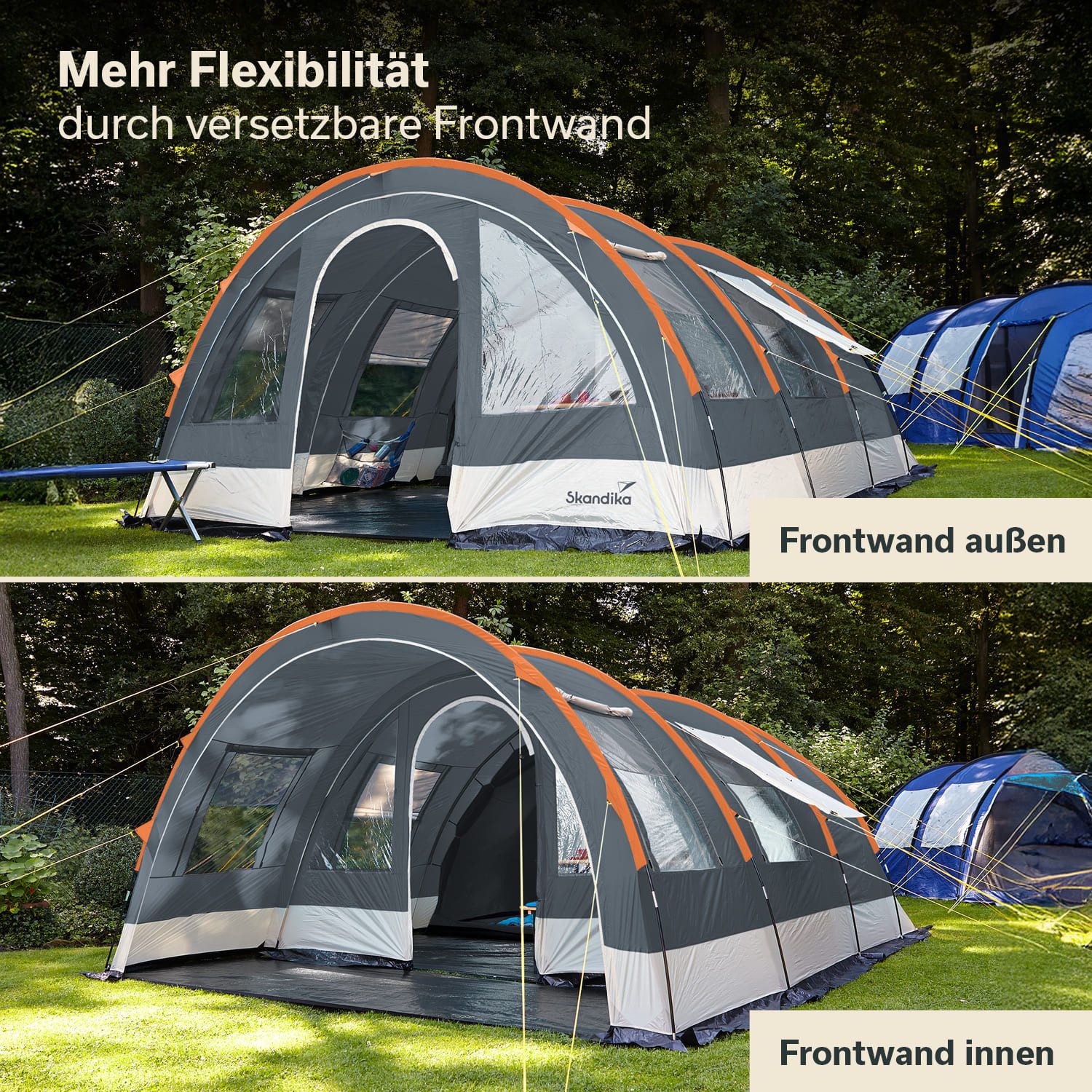 Skandika Tunnelzelt Helsinki 6, Familienzelt mit teilbarer Schlafkabine, Tragetasche, Personen: 6 (große Fenster, Schlafkabineneingang mit Moskitonetz, Organizer-Taschen), beweglicher Vorderwand, Sonnendach, wasserdicht, 215 cm Stehhöhe