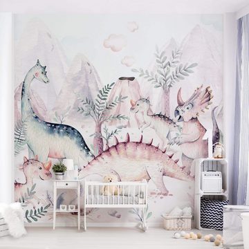 Bilderdepot24 Kindertapete Kinderzimmer Aquarell Dinowelt Kinder Wanddeko Pastell Berge, Glatt, Matt, (Inklusive Gratis-Kleister oder selbstklebend), Mädchenzimmer Jungenzimmer Babyzimmer Bildtapete Fototapete Wandtapete