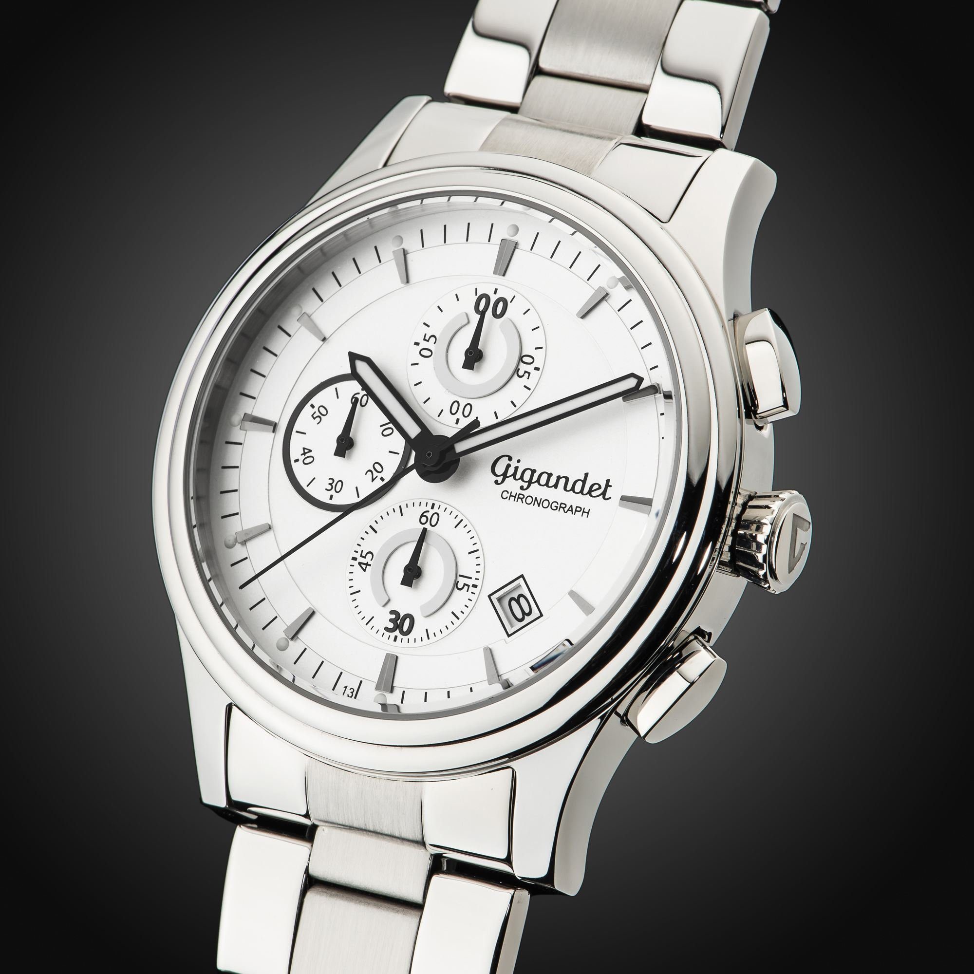 Gigandet Chronograph Armbanduhr, Herrenuhr, Sportuhr, 43mm, TRAVELLER G44-003, Mineralglas, Datumsanzeige, Edelstahlband, 5bar/50m wasserdicht