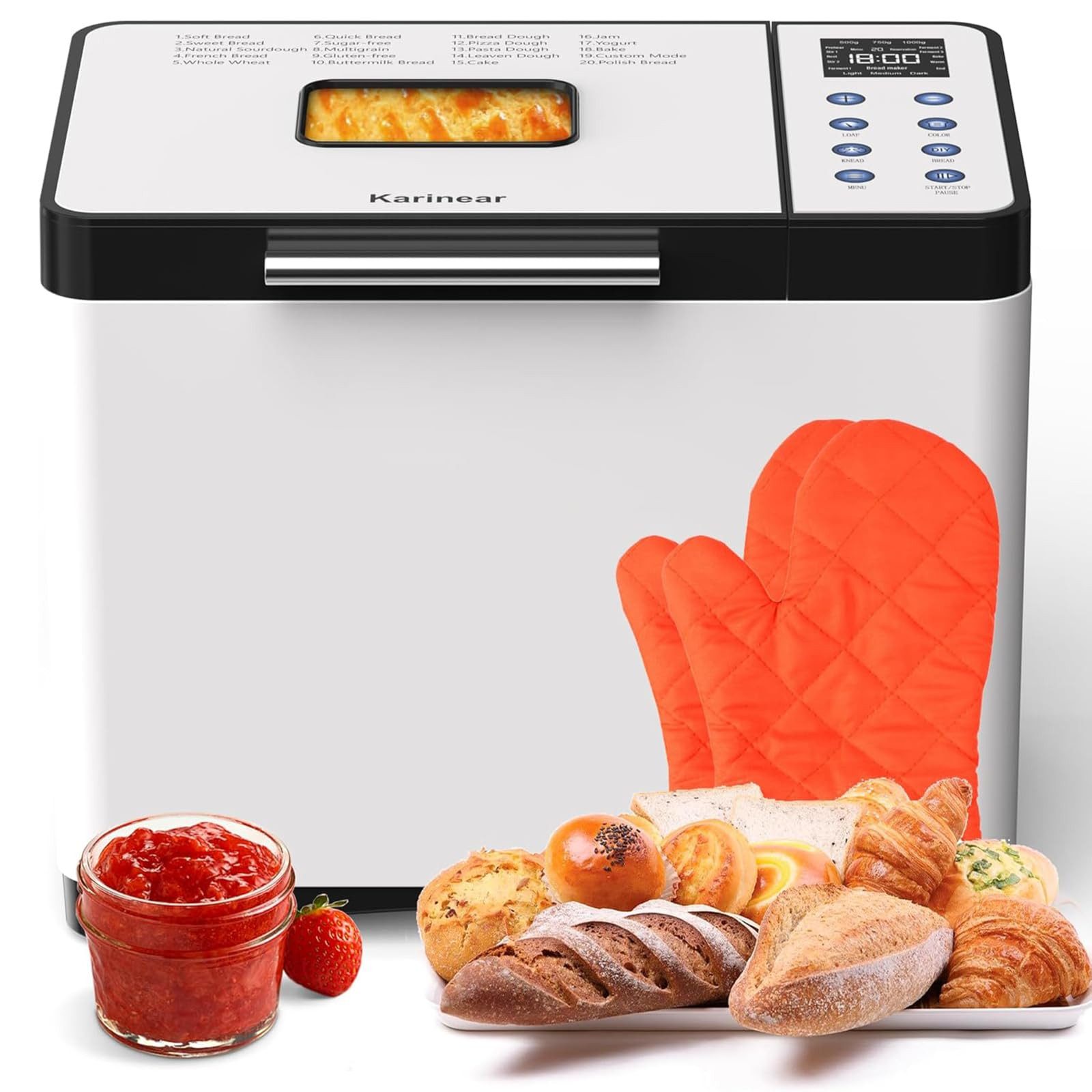 Karinear Brotbackautomat ohne Loch im Brot 20 Programme 15-Std.-Timer, 20 Programme, 3 Laibgrößen & Bräunungsstufen, 2LB Brotbackautomat