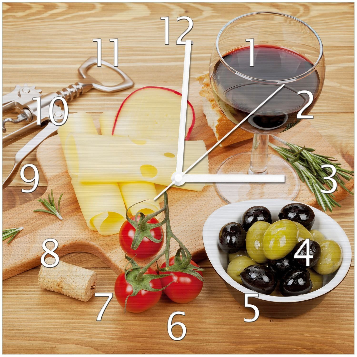 Genuss Abend Oliven am Wanduhr (Aluverbunduhr) Käseplatte, Wallario Tomaten und Rotwein, -