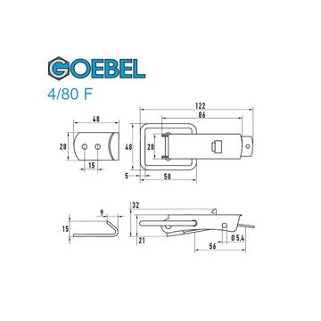 GOEBEL GmbH Kastenriegelschloss 5543011480, (50 x Spannverschluss mit Federsicherung 4/80F Kappenschloss, 50-tlg., Kistenverschluss - Kofferverschluss - Hebel Verschluss), gewölbter Grundtplatte inkl. Gegenhaken Stahl verzinkt
