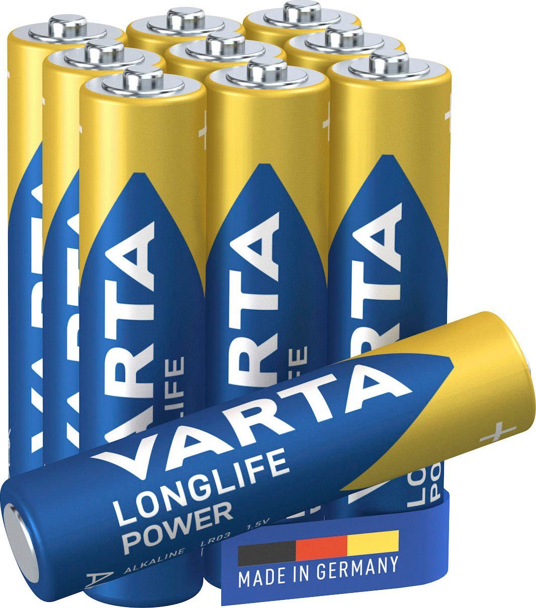 VARTA 10er Pack LONGLIFE Power Alkaline AAA Micro LR03 Made in Germany Batterie, LR03 (1,5 V, 10 St)