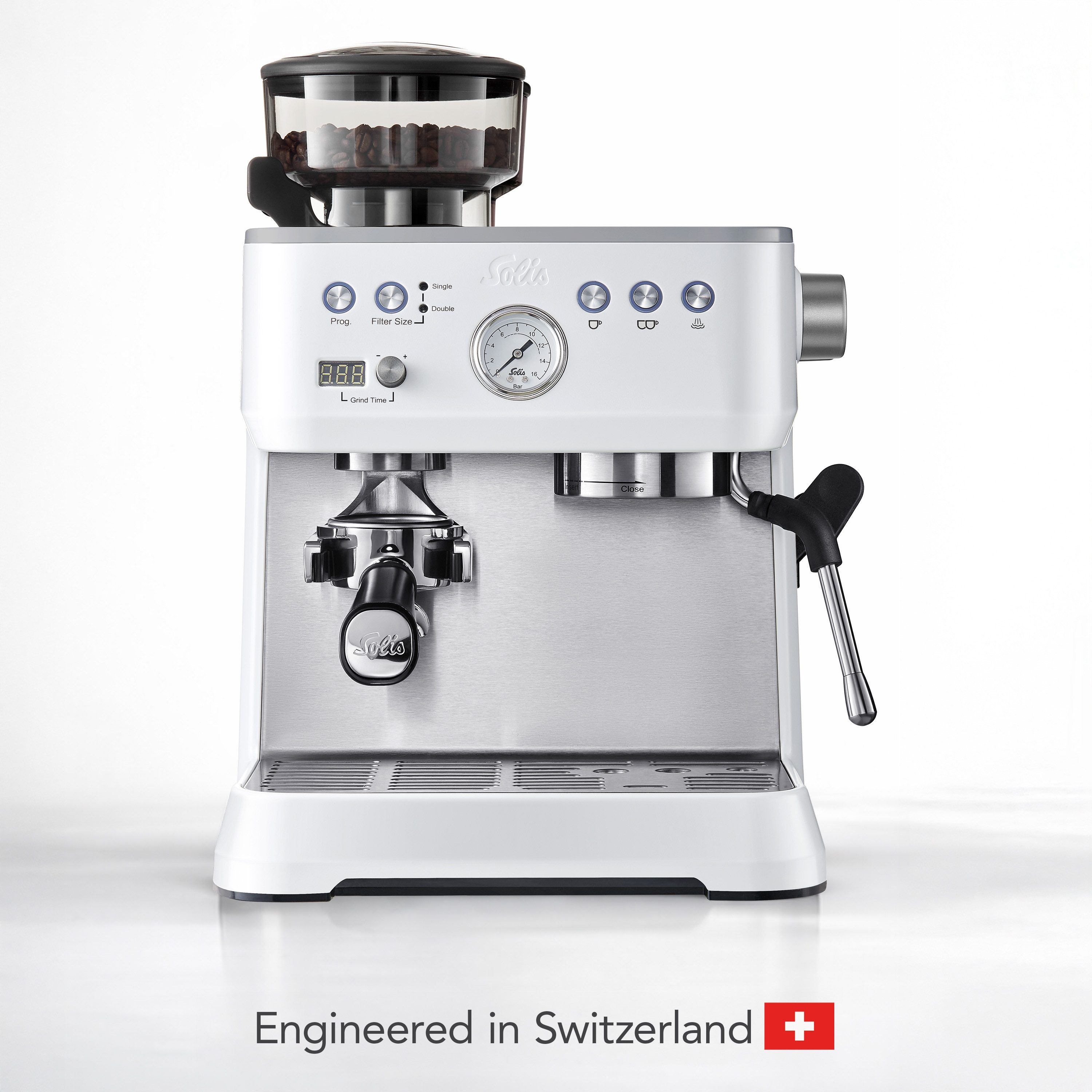 SOLIS OF SWITZERLAND Siebträgermaschine, Siebträger 54 mm, 54 mm Siebhalter, Milchaufschäumer, Bohnenmahlwerk