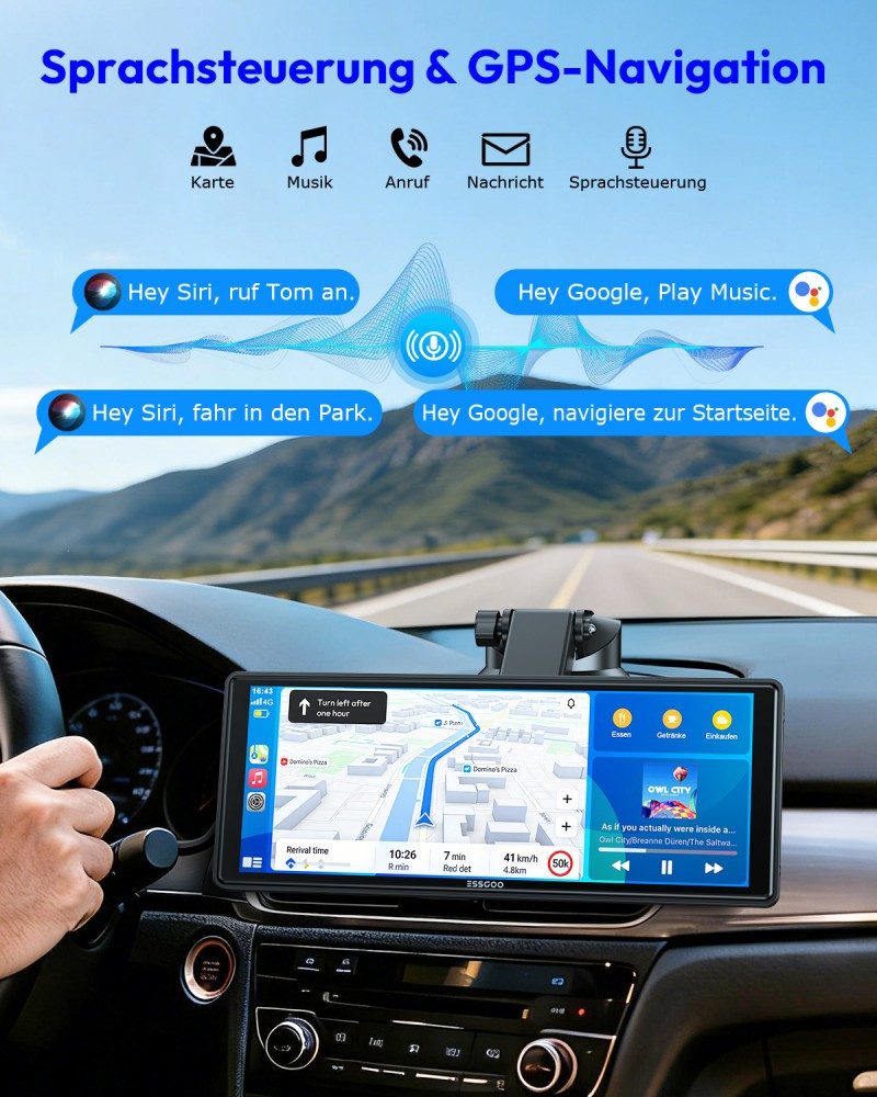 ESSGOO 10.26" Autoradio Kabellos Tragbar Apple CarPlay & Android Auto Einbau-Navigationsgerät (Autoradio Bluetooth Sprachsteuerung)